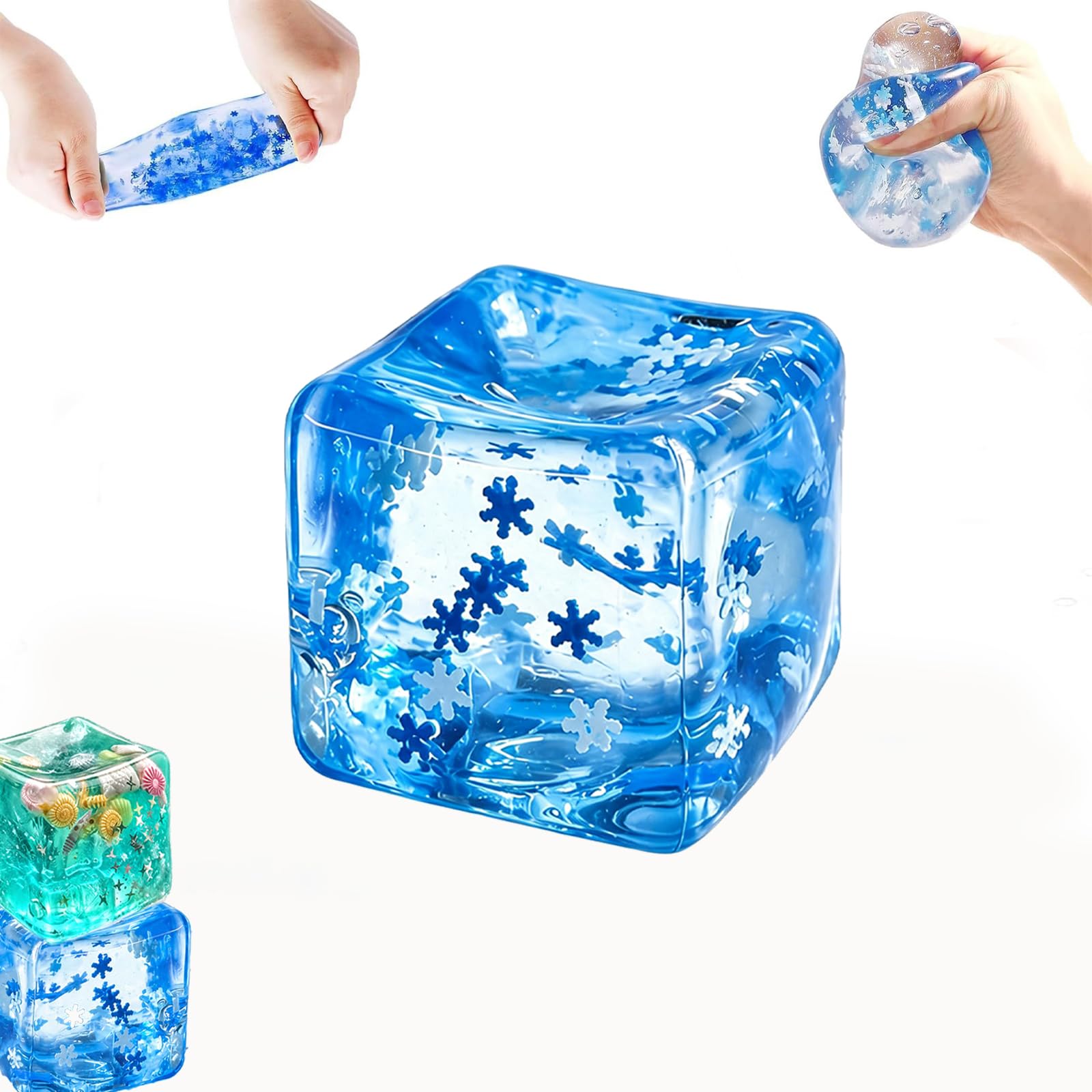 Ocean Cube Squishy，2026 New Glitter Ice Cube Squishy Ball，Soft Slow Rise Squeeze Ball， Stress Relief Sensory Balls (Blue,1)