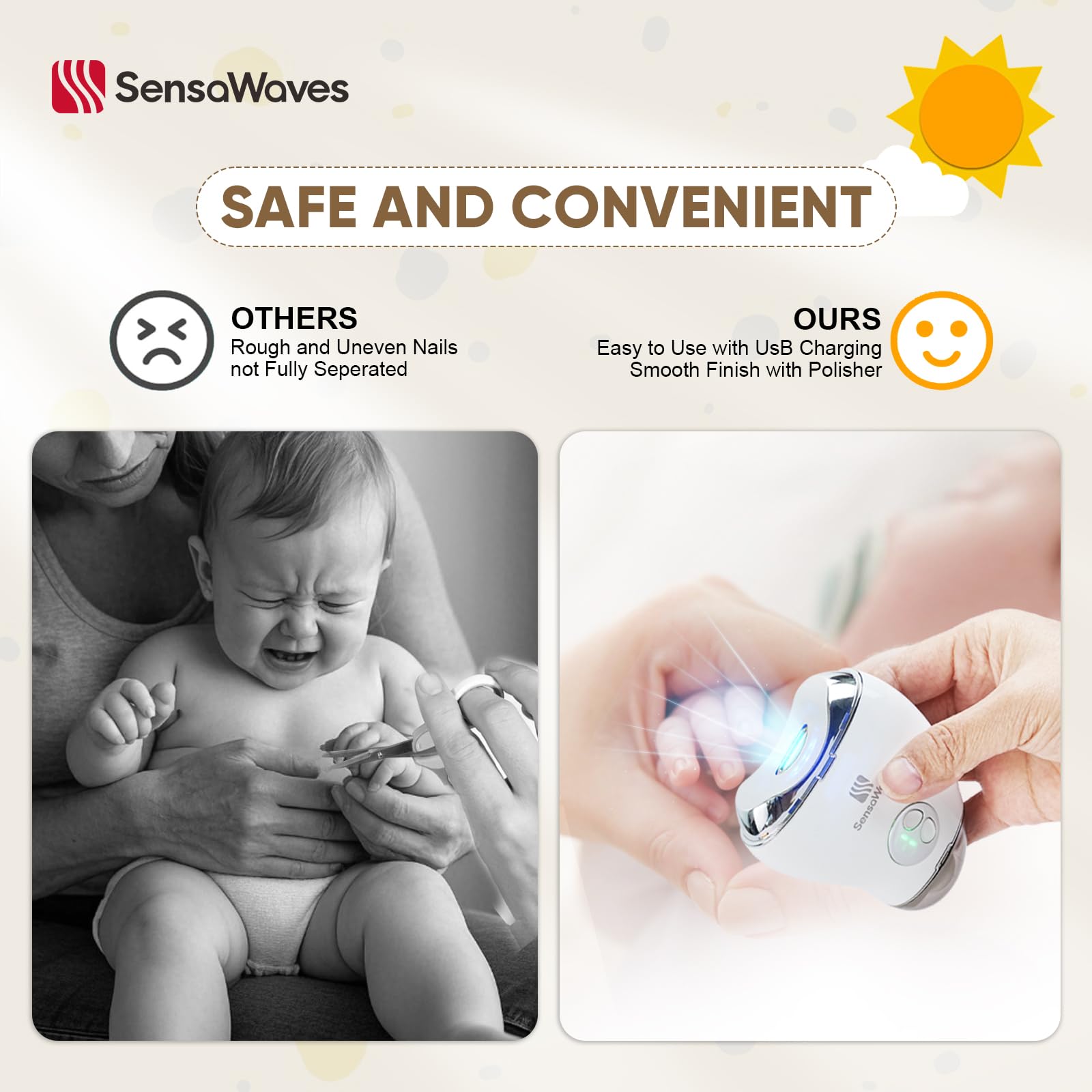 SensaWaves Electric Nail Clipper, 3 in 1 Baby Fingernail Trimmer, Polisher & Clip Storage, LED, USB Rechargeable & 3 Speeds Ideal for Baby, Kids, Seniors, Caregivers
