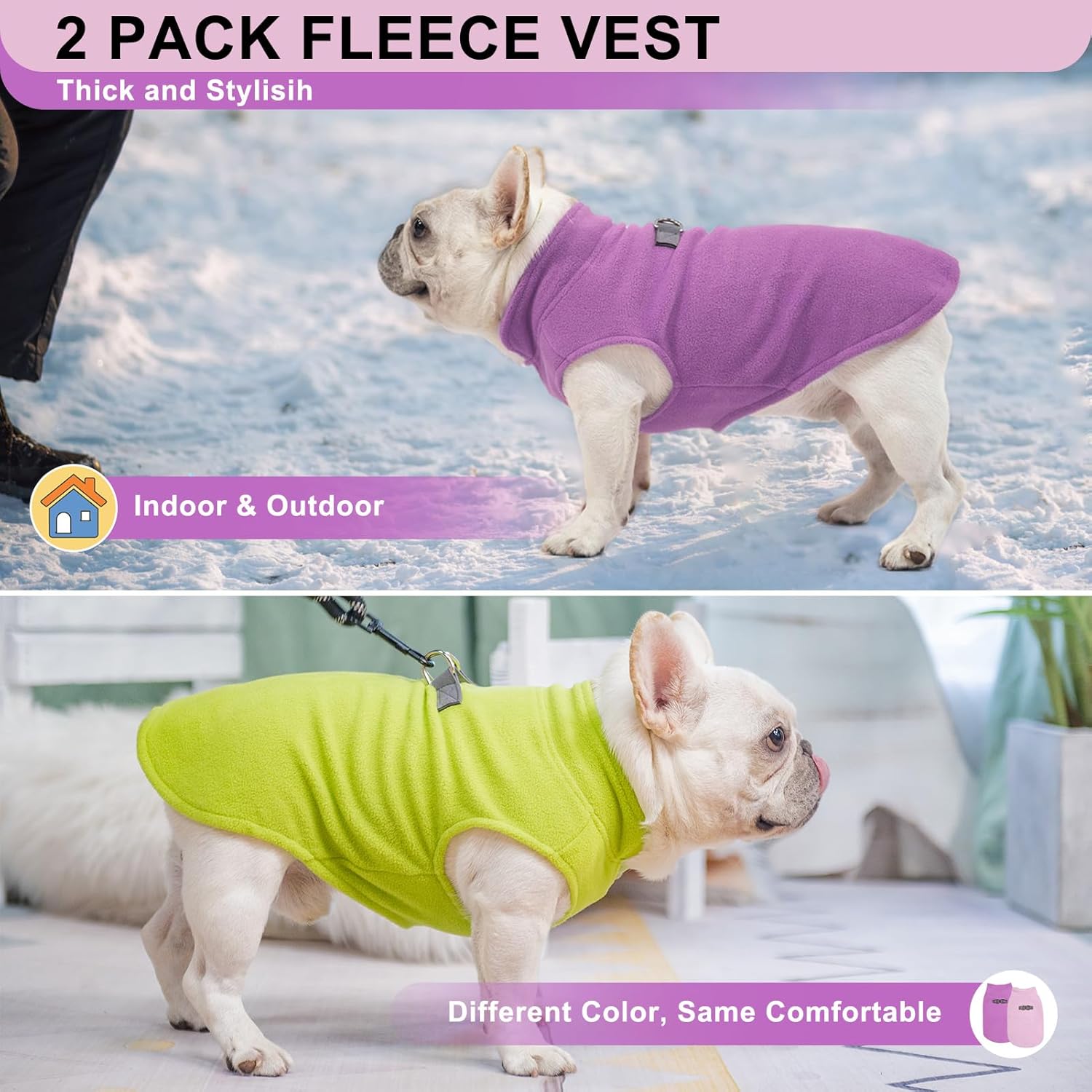 BEAUTYZOO Fleece Dog Sweater Vest 2 Pack, Soft Warm Dog Pullover Jacket Sweatshirt with Leash Ring - Purple, Green Small