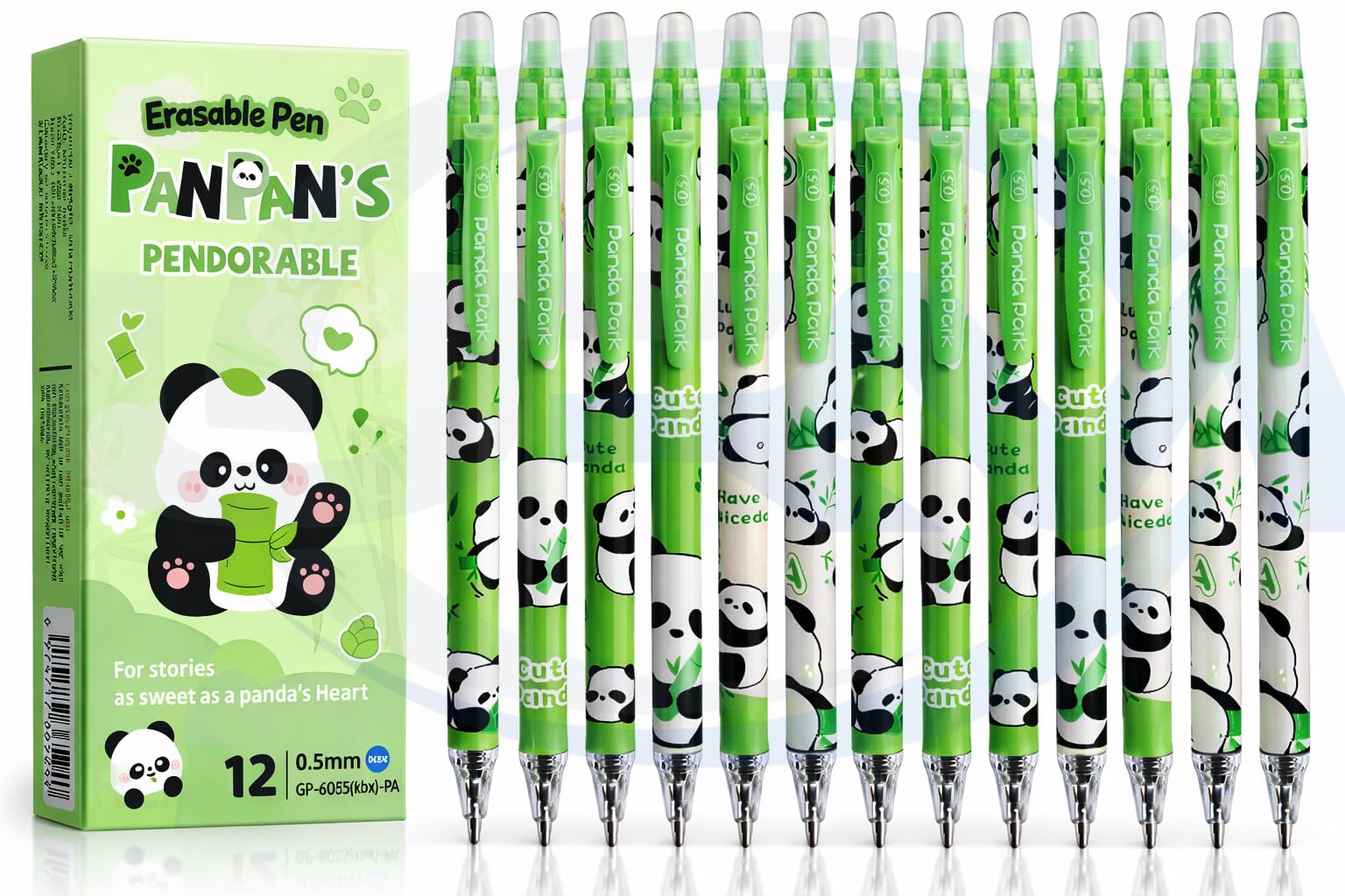 BRIXELL Cute Panda Retractable Erasable Gel Pens Set of 12 | 0.5mm Needle Tip Blue Ink Pens | Magic Erasable Kawai Gel Pen with Eraser for Kids, Students, School, Office, Journaling & Gifts