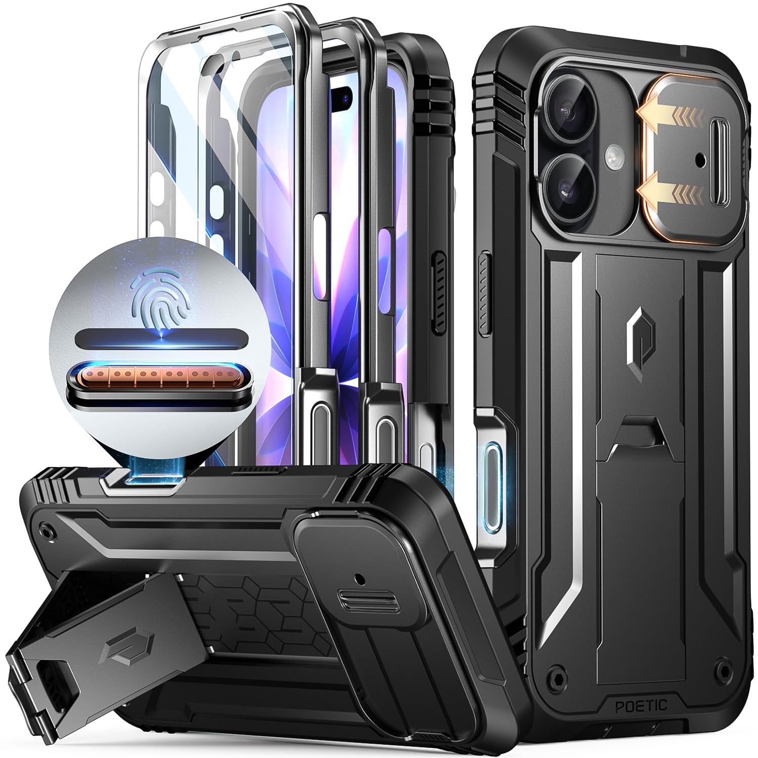 Poetic for iPhone 17 Case with Camera Control Capture Button, [Slide Camera Cover] [Built-in Stand] [Built-in Screen Protector] Full-Body Military