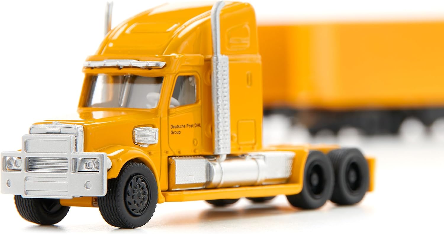 SIKU 1806, Freightliner DHL Road Train, Tractor with Trailer and Trailer, 1:87, Metal/Plastic, Yellow, Detachable Trailer, Opening Trailer Doors
