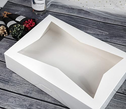 Miniatura 5 de ONE MORE [Paquete de 15] Cajas de galletas de panadería con cerradura blanca de 14 x 10 x 3 pulgadas, contenedor grande de cartón con ventanas de