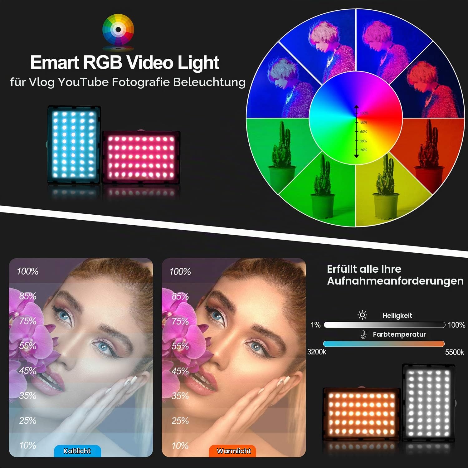 EMART 2-Pack Video Licht RGB, Videoleuchte LED USB mit Verstellbarem Stativ | Dimmbare Fotolicht, 5500K, Videoaufnahme, Streaming, YouTube, Fotostudios
