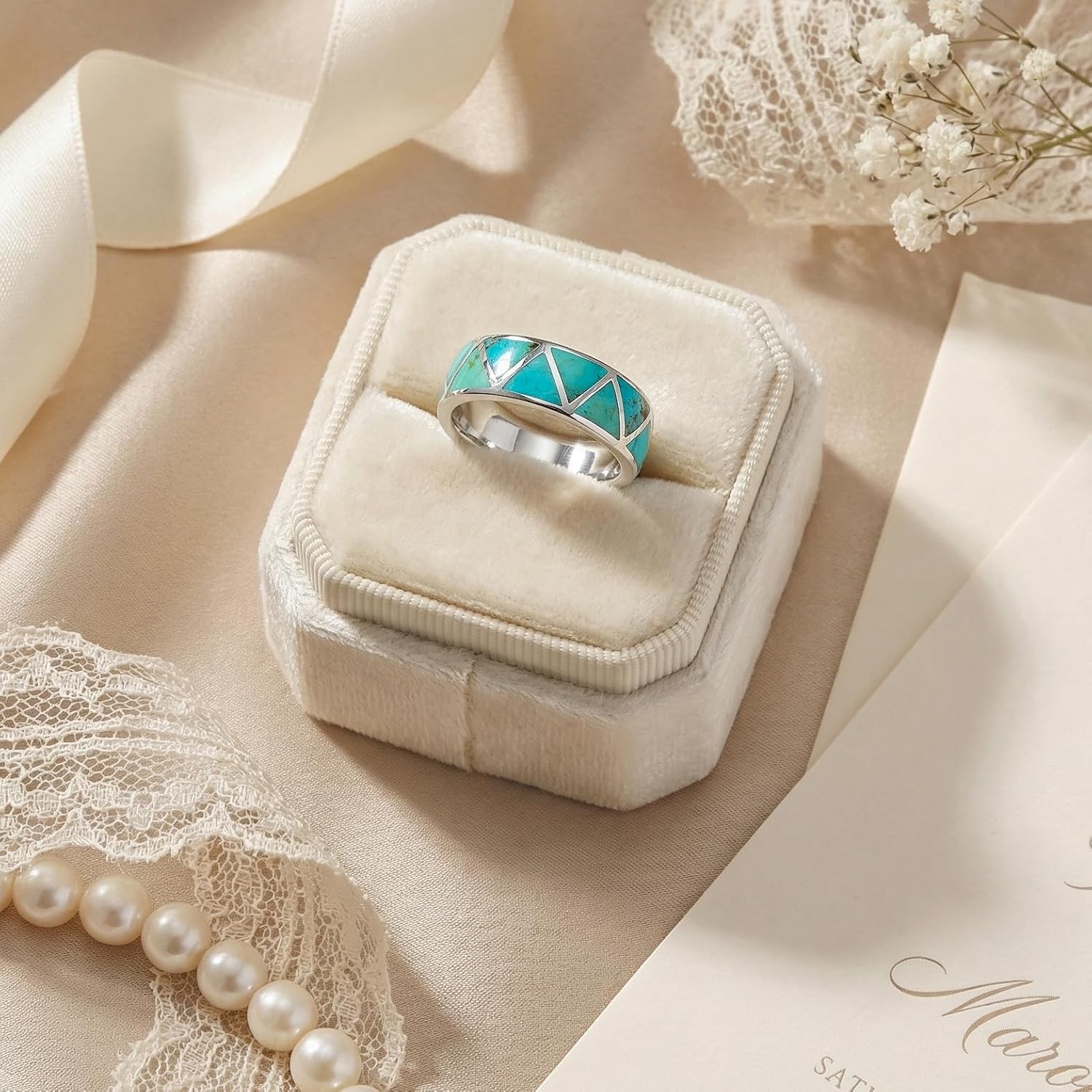 Turquoise Band Ring for Women or Men Sterling Silver 925 Genuine Gemstones Size 6 to 14