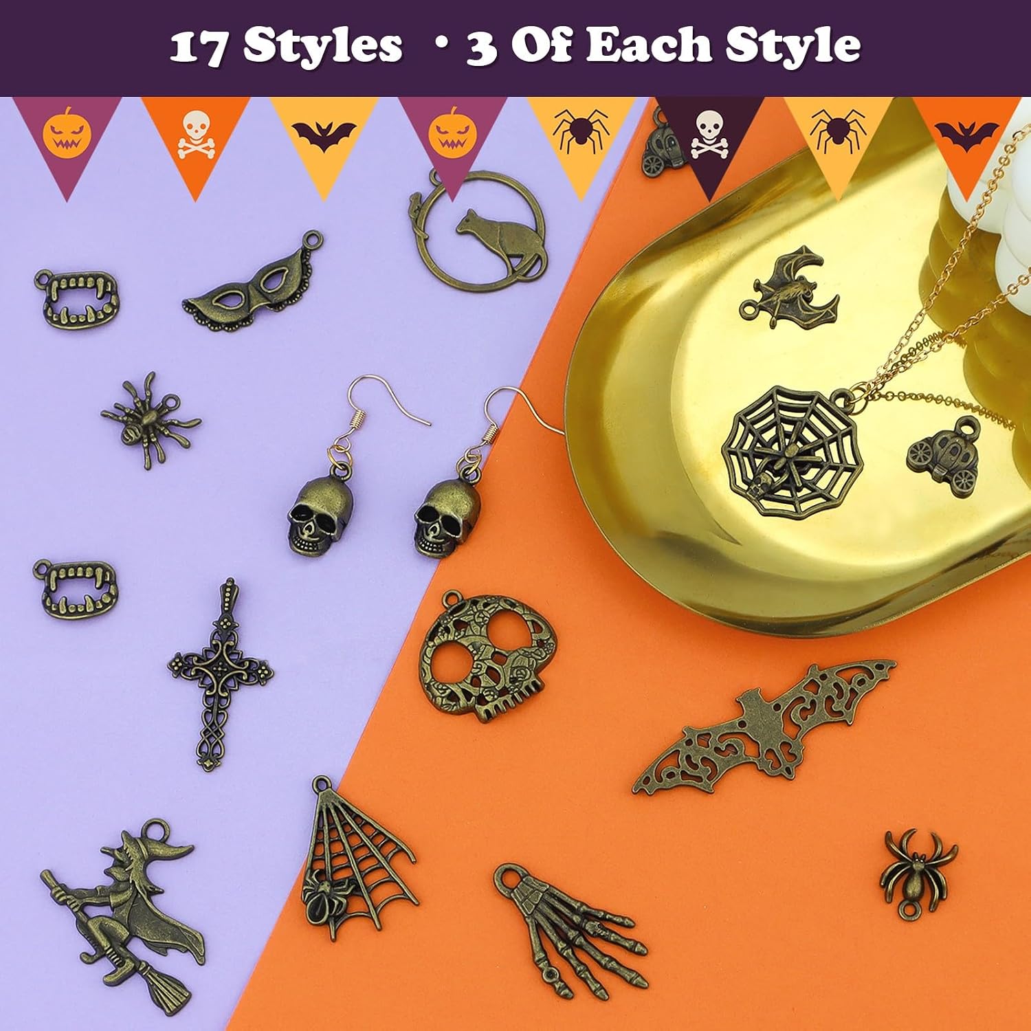 JIALEEY Halloween Charms, Halloween Decorations Charms Pendants DIY for Necklace Bracelet Jewelry Making and Crafting, 51 PCS Antique Bronze
