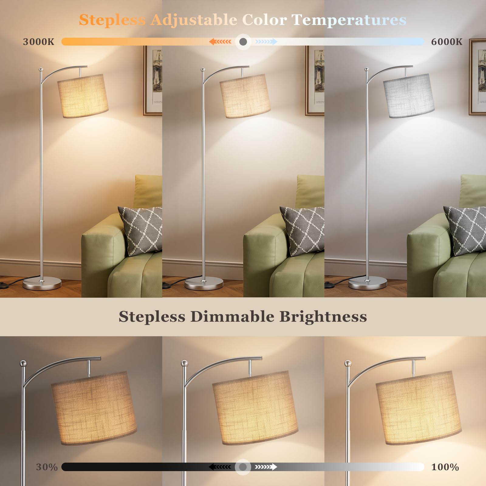 Lampa podłogowa, 60-calowe nowoczesne lampy stojące łukowe do salonu z pilotem i bezstopniową regulacją temperatury i jasności kolorów, Lampy do salonu, sypialni, biura (żarówka w zestawie)
