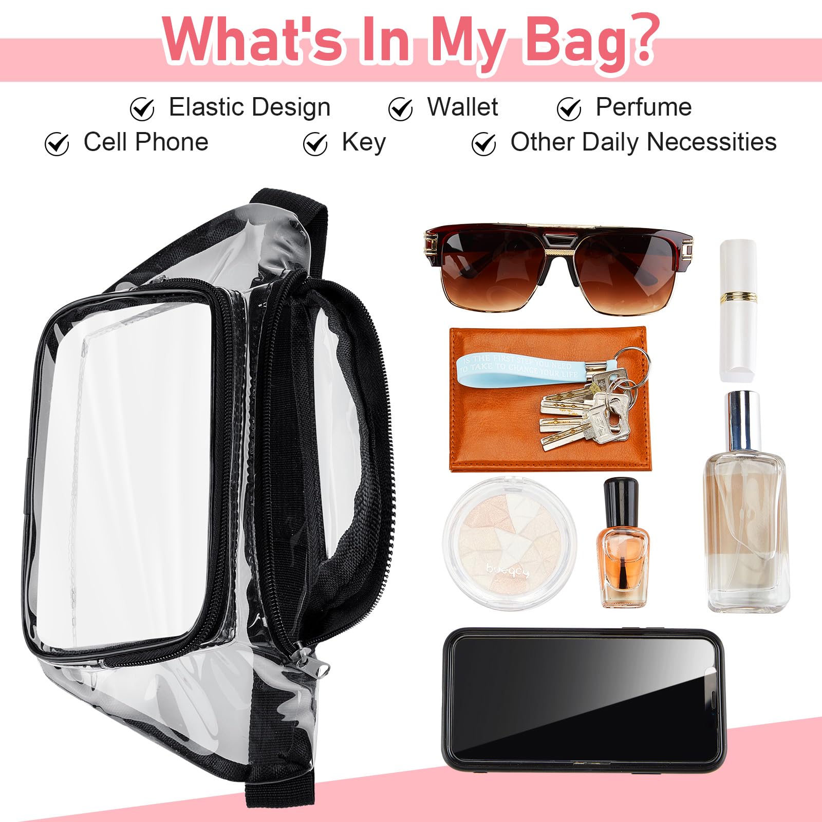 Bauchtaschen für Damen und Herren, Bauchtasche, Stadiongenehmigt, transparent, wasserdicht, transparent, verstellbar, für Festival, Spiele, Reisen, Konzerte, Grau, 24 Stück, Transparent, Grau