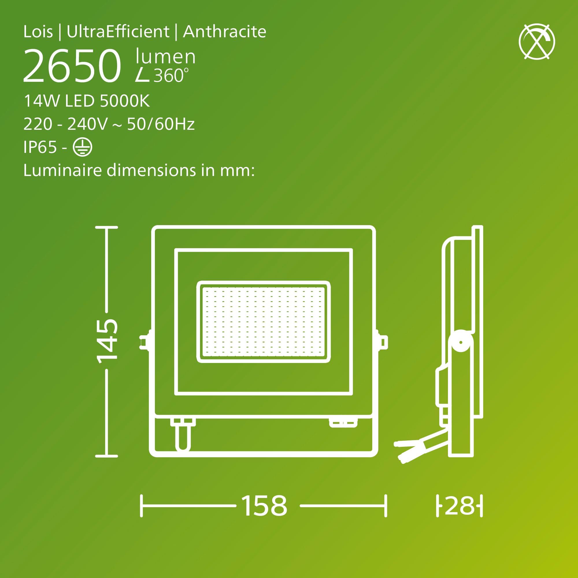 PHILIPS Lois UltraEfficient Outdoor Floodlight, Without Motion Sensor, 14 W, 5000 K Daylight, Anthracite, 14W - Image 3