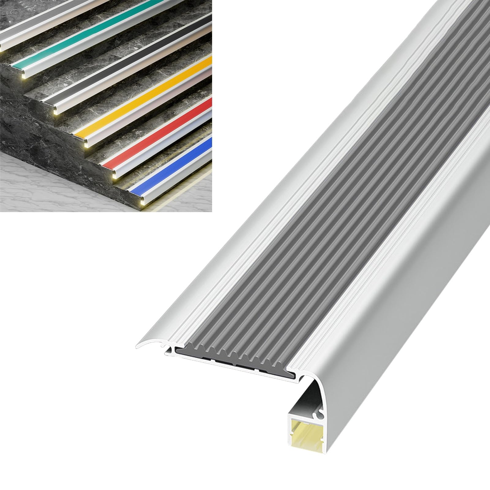Profil Schodowy Listwa Schodowa LED z Wymiennym Paskiem Gumowym, Osłona Stopnia w Kształcie Litery L ze Stopu Aluminium, Zaokrąglony Stopień Schodowy do Stopni Drewnianych Płytek(Gray)