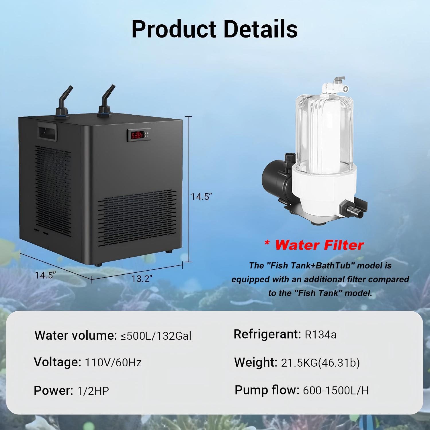 Refrigeratore d'acqua per acquario, 160/300/500L piccolo dispositivo di raffreddamento per acquario, refrigeratore ideale per idroponica, pesci d'acqua dolce e salata, coralli e gamberetti