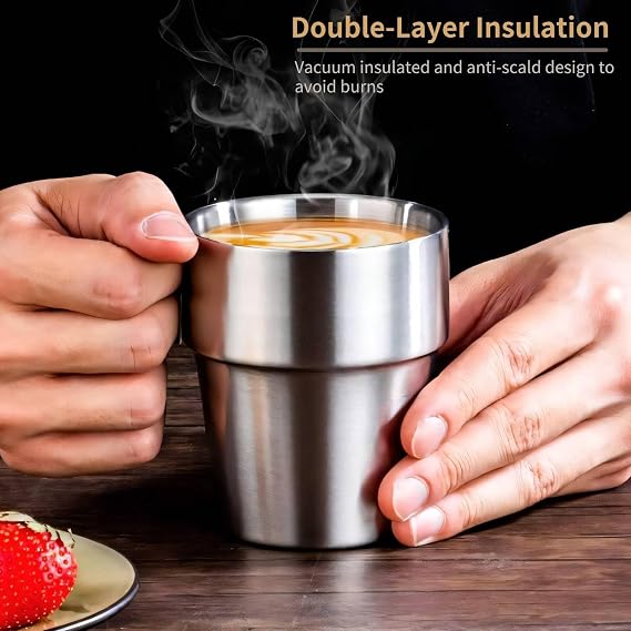 Coffee Mugs, Stainless Steel Coffee Mugs 10 Oz Double Walled Coffee Mugs Stackable Coffee Mugs Water Cup with Handle for Tea, Set of 2