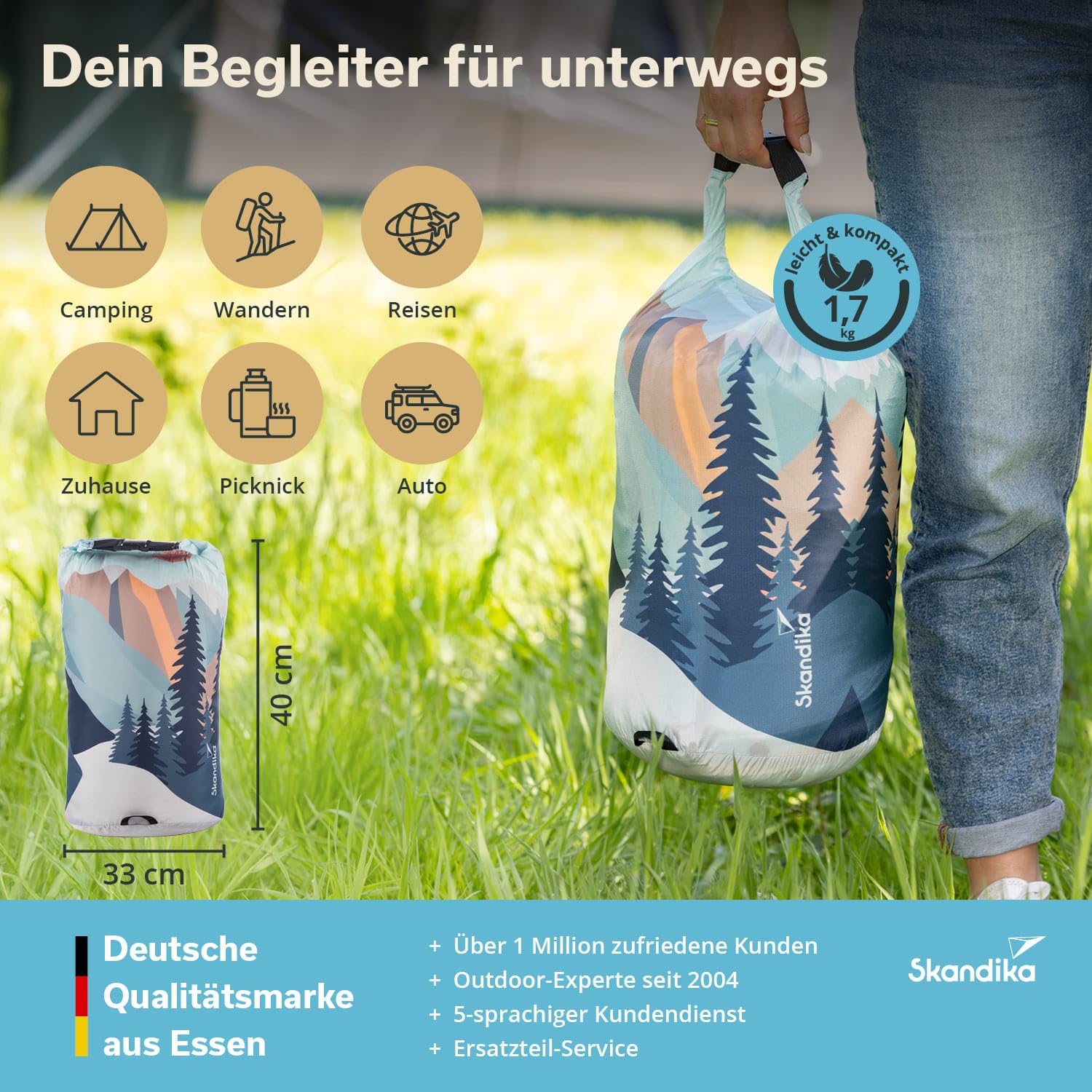 Skandika Campingdecke Liva | 4-in-1 Outdoor Decke, 200 x 135 cm, Überwurf, Schlafsack, Kissen, mit Teddyfell oder Nylon Unterseite, Wattierung aus Polyester, wasserdicht (Berge | Teddyfell)