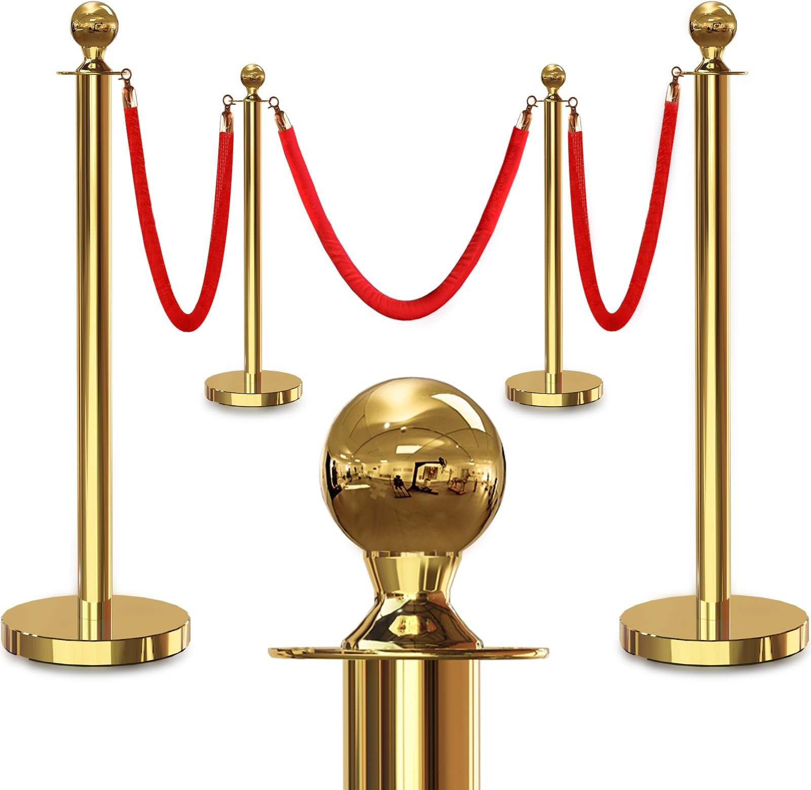 4PCS Gold Stanchions Posts with 3PCS 5 ft Red Velvet Rope, Red Velvet Rope Stanchion Set Crowd Control Barriers, Stanchions and Velvet Ropes Red Carpet Poles for Party Supplies