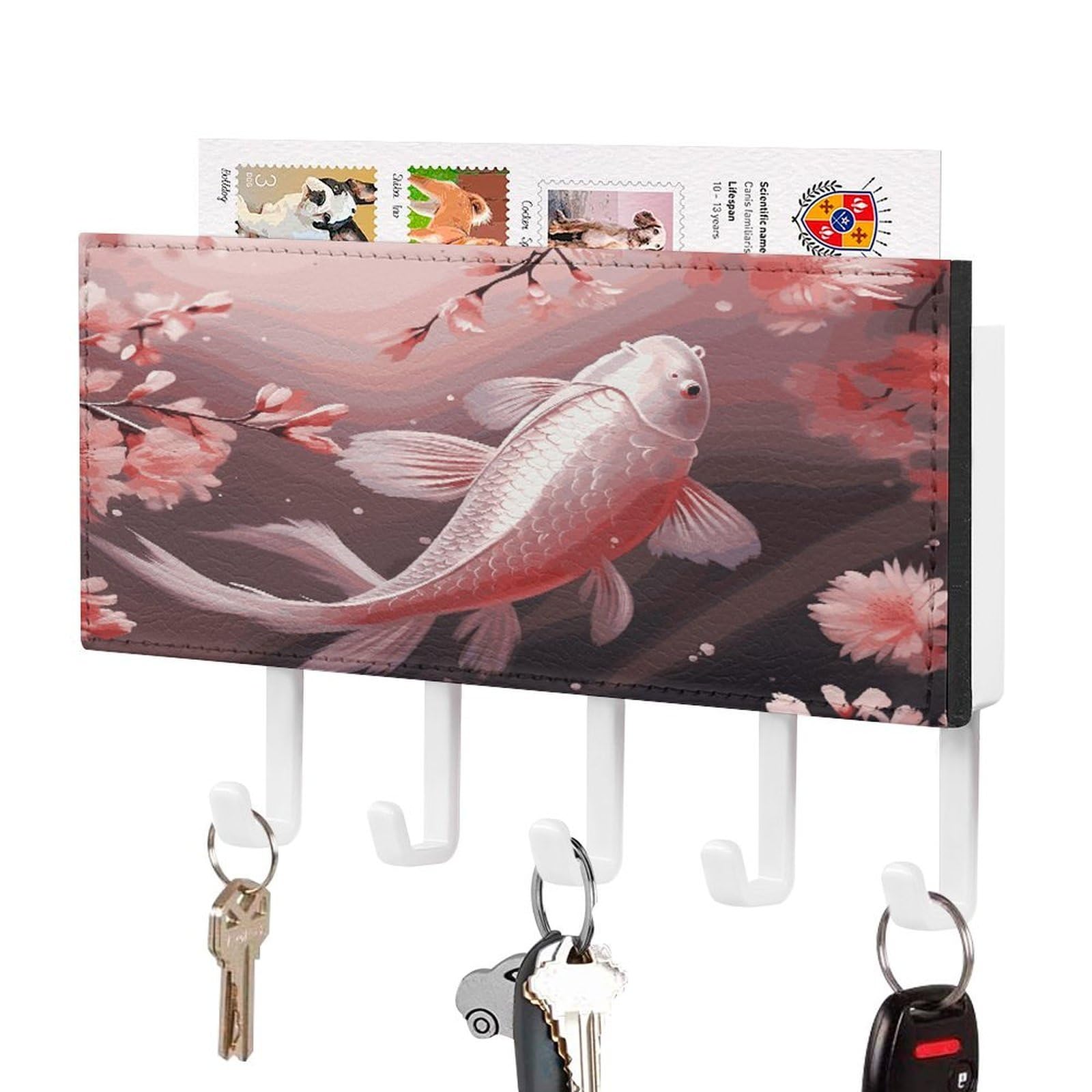 FekiLoot Pink Cherry Blossom Red Carp Key Holder for Wall Decorative,2 Installation Ways Keys Hanger Keys Holder Wall Mount Hanging Key Hooks with Mail Organizer for Wallet House Accessories