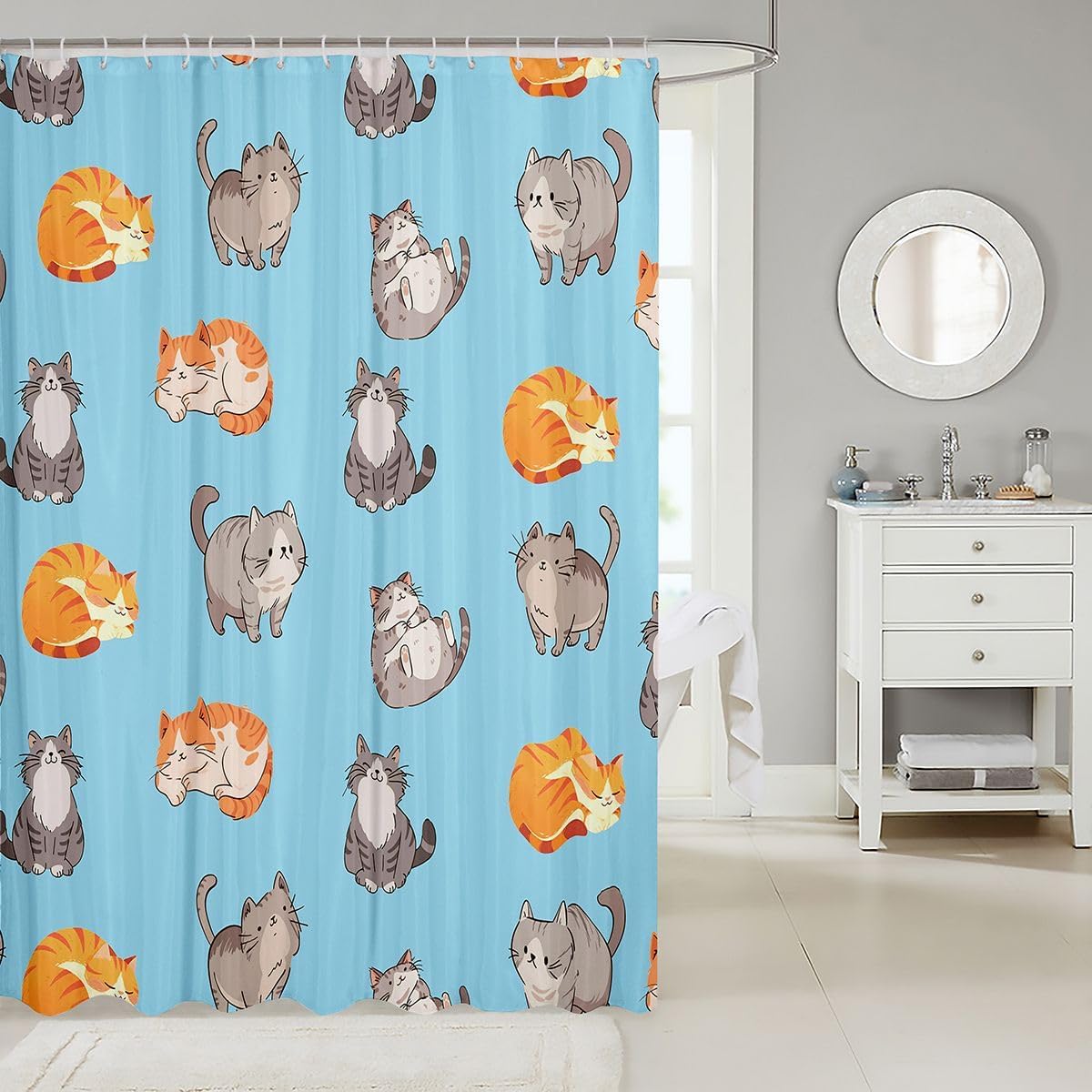 Erosebridal Cats Bathroom Curtain Cute Kitten Shower Curtain 72" W X 72" L Cartoon Pets Animals Bathroom Accessories for Kids Adults Funny Cat Fabric Shower Curtains Blue image 2
