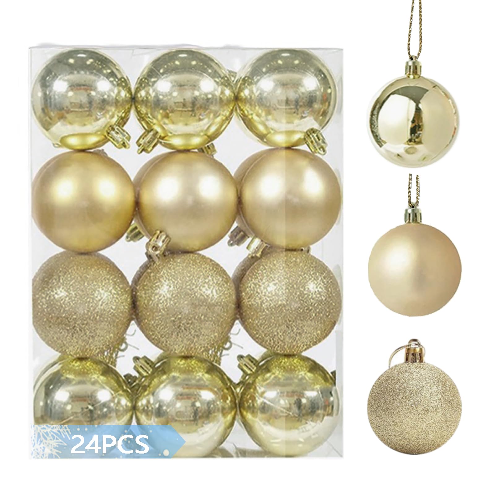 Lydelog Champagne 24Pcs Shatterproof Christmas Balls Ornaments, 4Cm/1.57", Pre-Strung Hanging Xmas Tree Decorations, 3 Styles For Christmas/Halloween/Wedding/Birthday Party (Champagne)