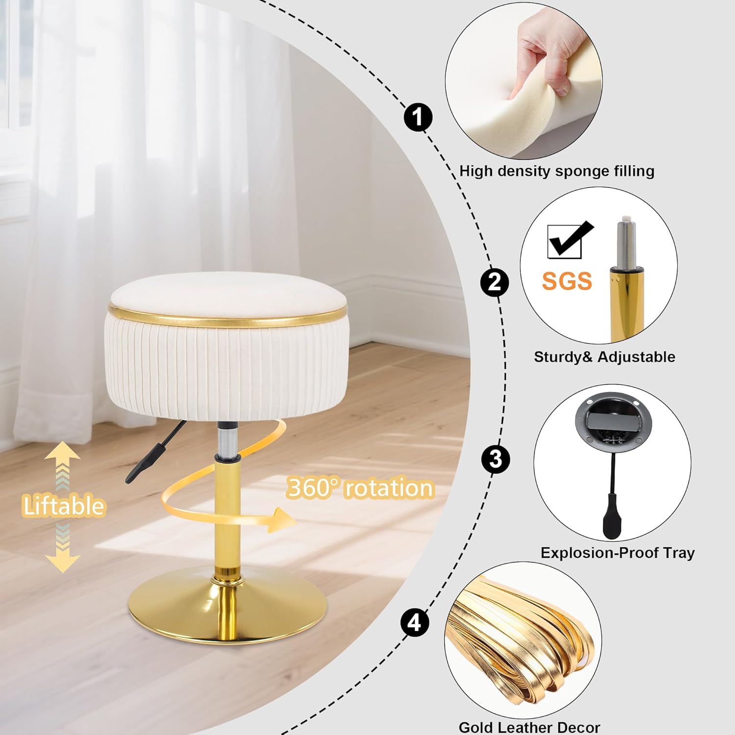 Adjustable Vanity Stool with Storage, 360° Swivel Makeup Stool Chair Small Velvet Round Ottoman with Gold Base for Bedroom (Beige)