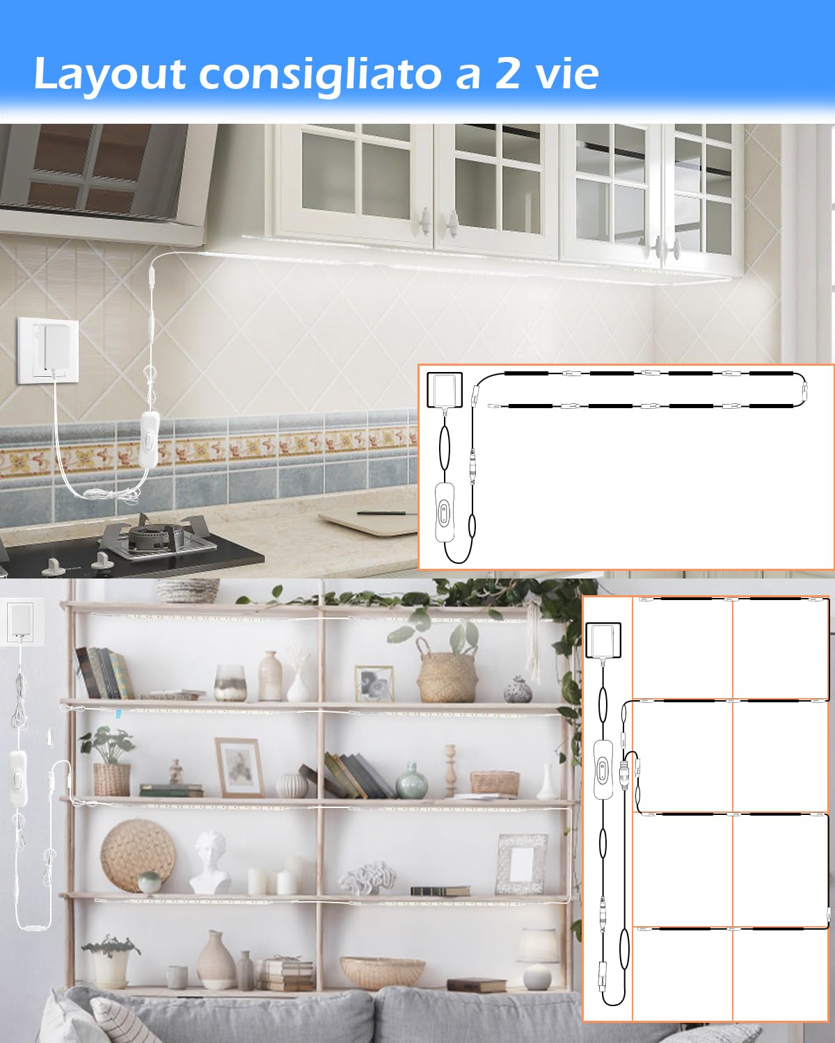 Cefrank Set di luci a LED ultra luminose da 20 W, per scaffali, 8 strisce da 30 cm, 2000 lm, flessibili e durevoli per librerie, armadi, dispensa (Bianco)