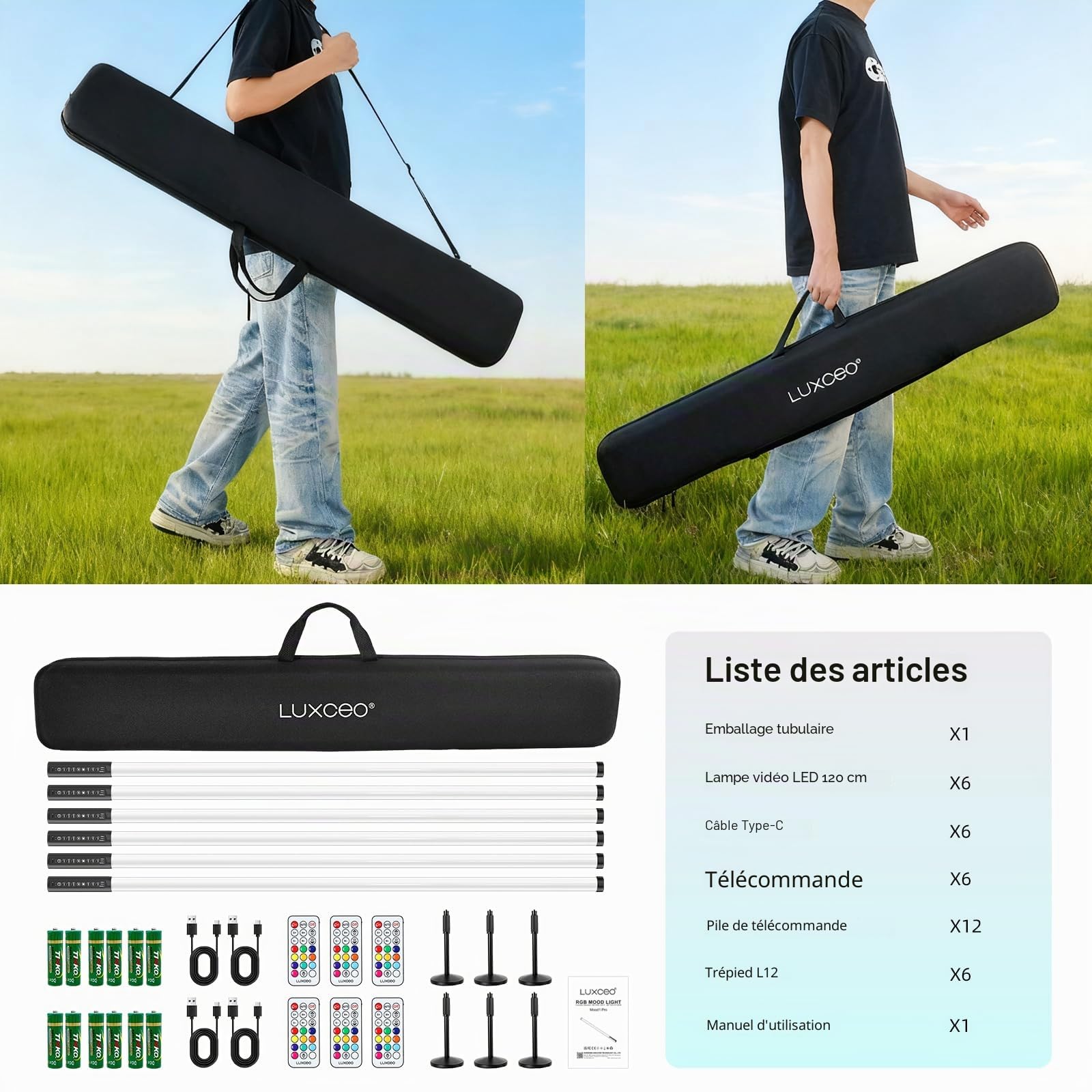 Mood1Pro Lot de 6 lampes vidéo LED 120cm avec trépied, 2,4 G, lampe photo RVB portable, intensité réglable et mode musique, batterie 5000 mAh,Tube lumineux RVB pour YouTube,TikTok,bars,éclairage photo