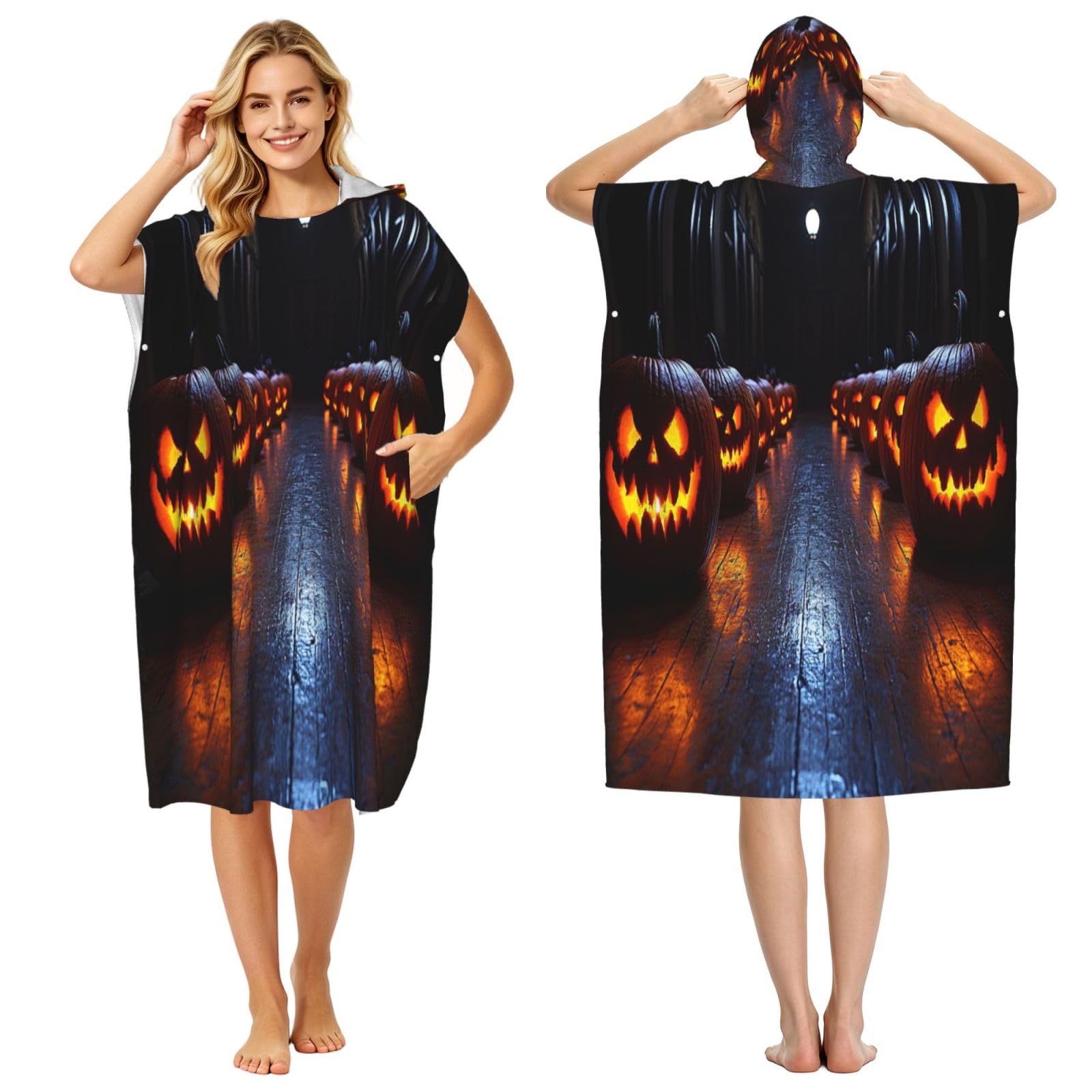 DTHKJNLSF Halloween Pumpkin Greetings Adult Hooded Beach Poncho Towel