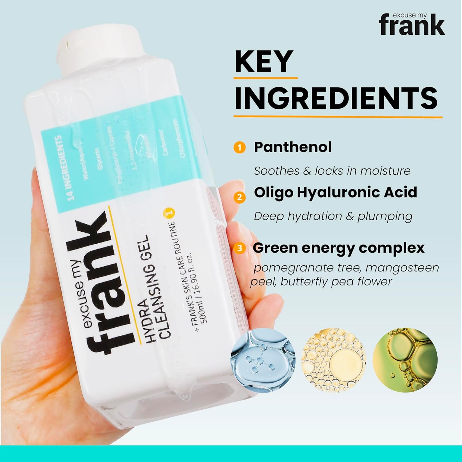 Excuse My Frank Hydra Cleansing Gel – Hydrating Facial Cleanser for Men & Women, Korean Skincare, Daily Face Wash for Sensitive Skin, Vegan & Cruelty-Free (1 Pack)