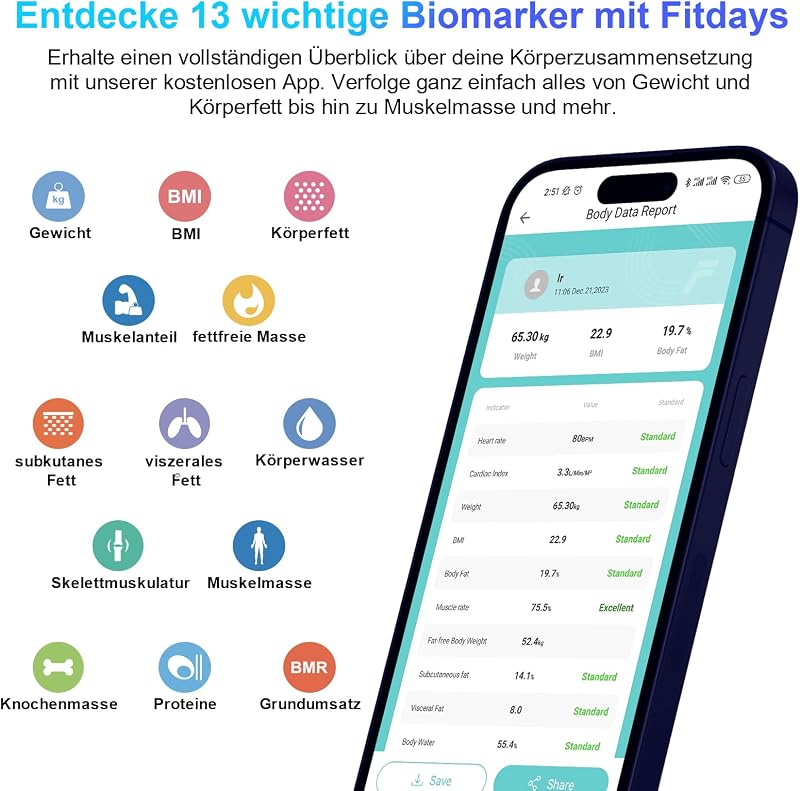 Healthkeep Bluetooth Fürdőszobai Mérleg 13 Egészség Metrika Android iOS App 180kg Kék