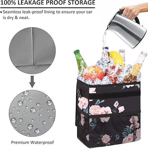 Miniatura 3 de Vankor Basurero para automóvil con tapa, bolsa de basura para automóvil, impermeable, a prueba de fugas, color negro, floral