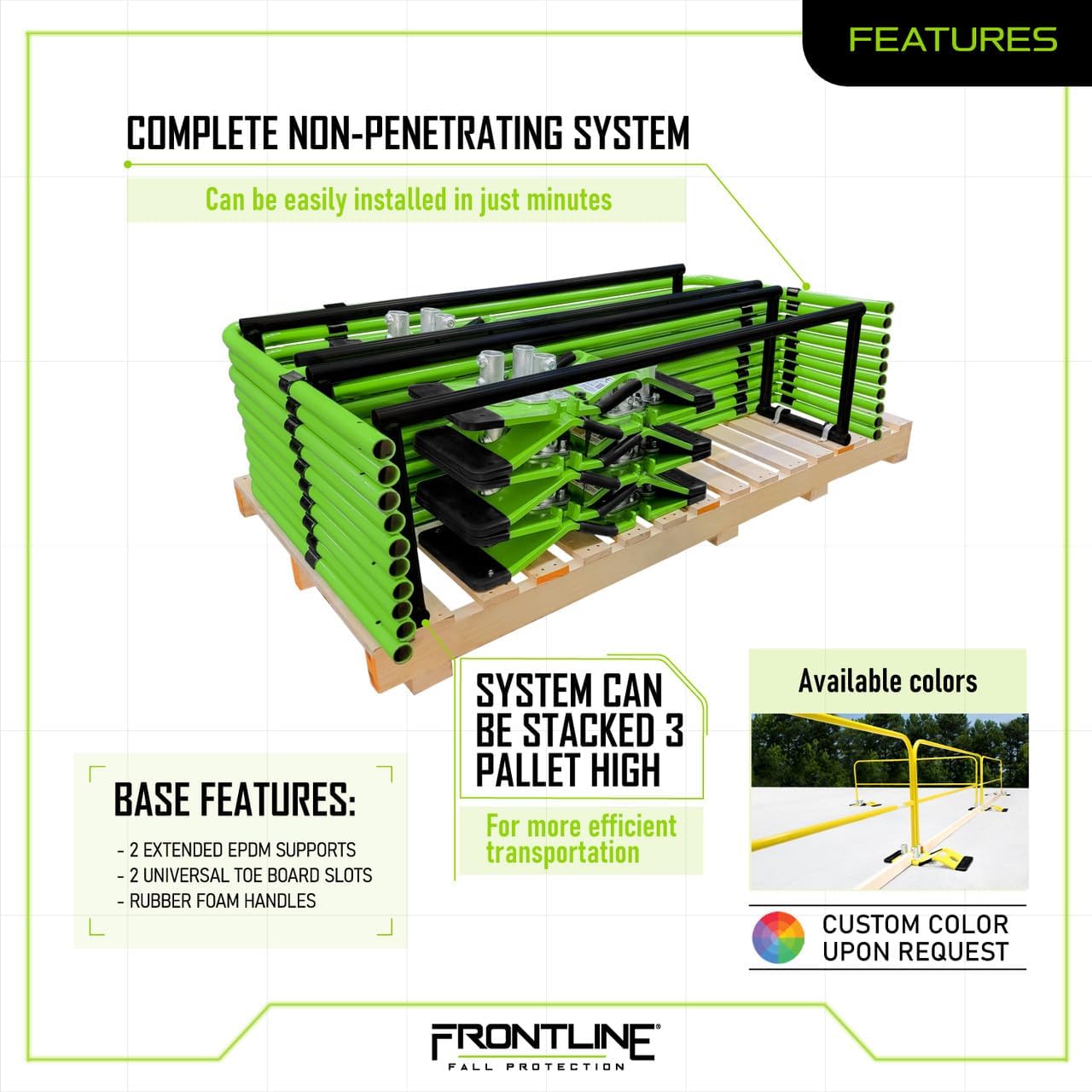 Frontline GUS Guardrail System Non-Penetrating Complete Kit | Superior Resistance to Impact Loads | OSHA Compliant (Green, Guardrail 50 Lnft)