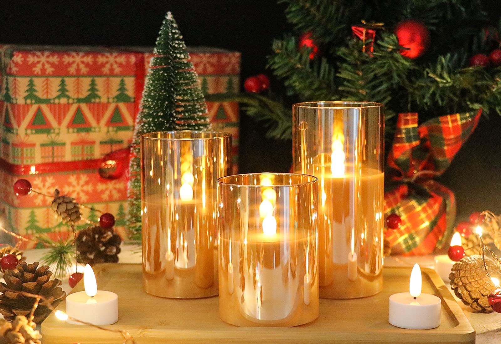 Eldnacele Lot de 3 bougies en verre doré à piles avec minuteur et télécommande à 10 touches, sans flamme, LED en cire véritable, bougie à lumière chaude vacillante