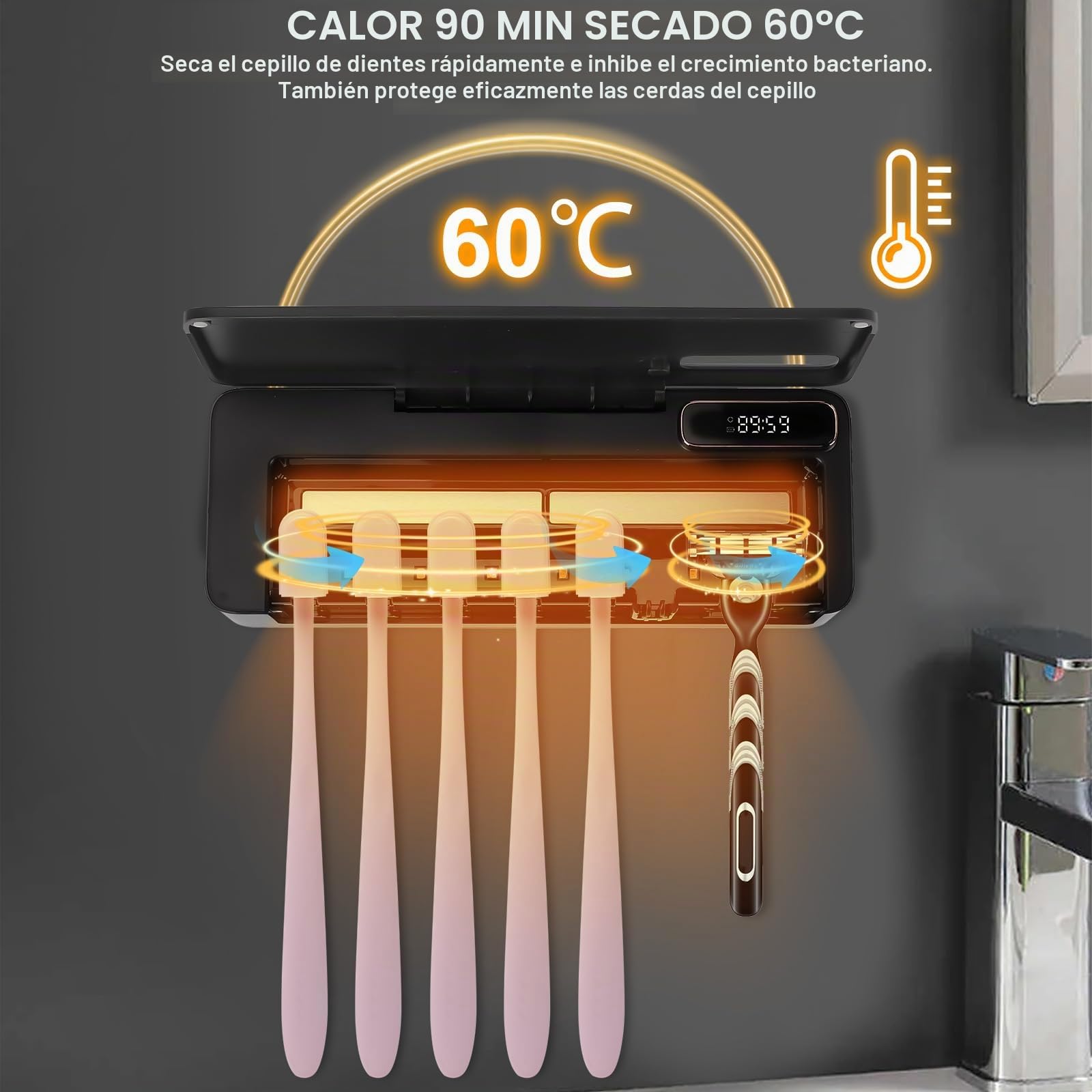 Porta Cepillo de Dientes con Esterilizador UV & con 7 Ranuras para Dispensador Pasta de Dientes, USB Recargable 2000mAh, Soporte Cepillo de Dientes Eléctrico UV para Casa, Baño, Ducha (Negro)