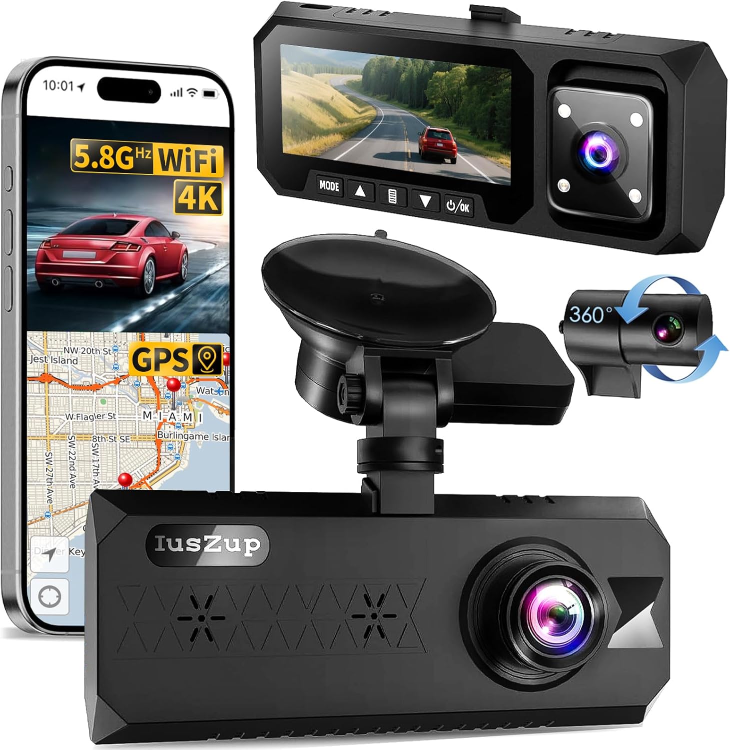 Dash Cam 3 Channel 4K with 5.8GHz WiFi GPS – 4K+1080P Dash Camera Front and Rear Inside,2.5K+1080P*2 Triple Car Camera 3.16″IPS, 32GB Card, 320°Wide Angle, IR Night Vision, G-Sensor, 24H Parking Mode