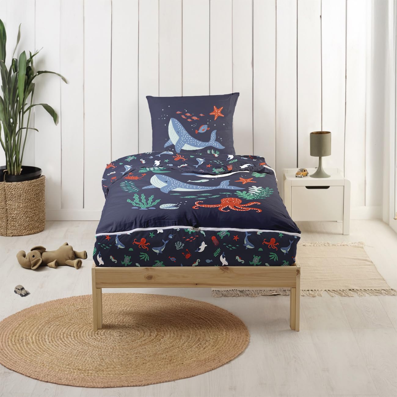 Bleu Calin Rechange Caradou® Océan Parure de Lit Enfant en Coton, 90x190cm | 3 pièces, Couchage Tout-en-Un, Sans Couette