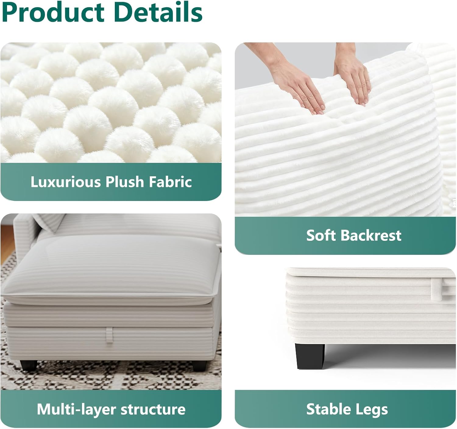 Modular Sectional L Shaped Sofa Couches with Storage Ottoman, Cloud Couch for Living Room, Comfy Sofa with Pillow, White