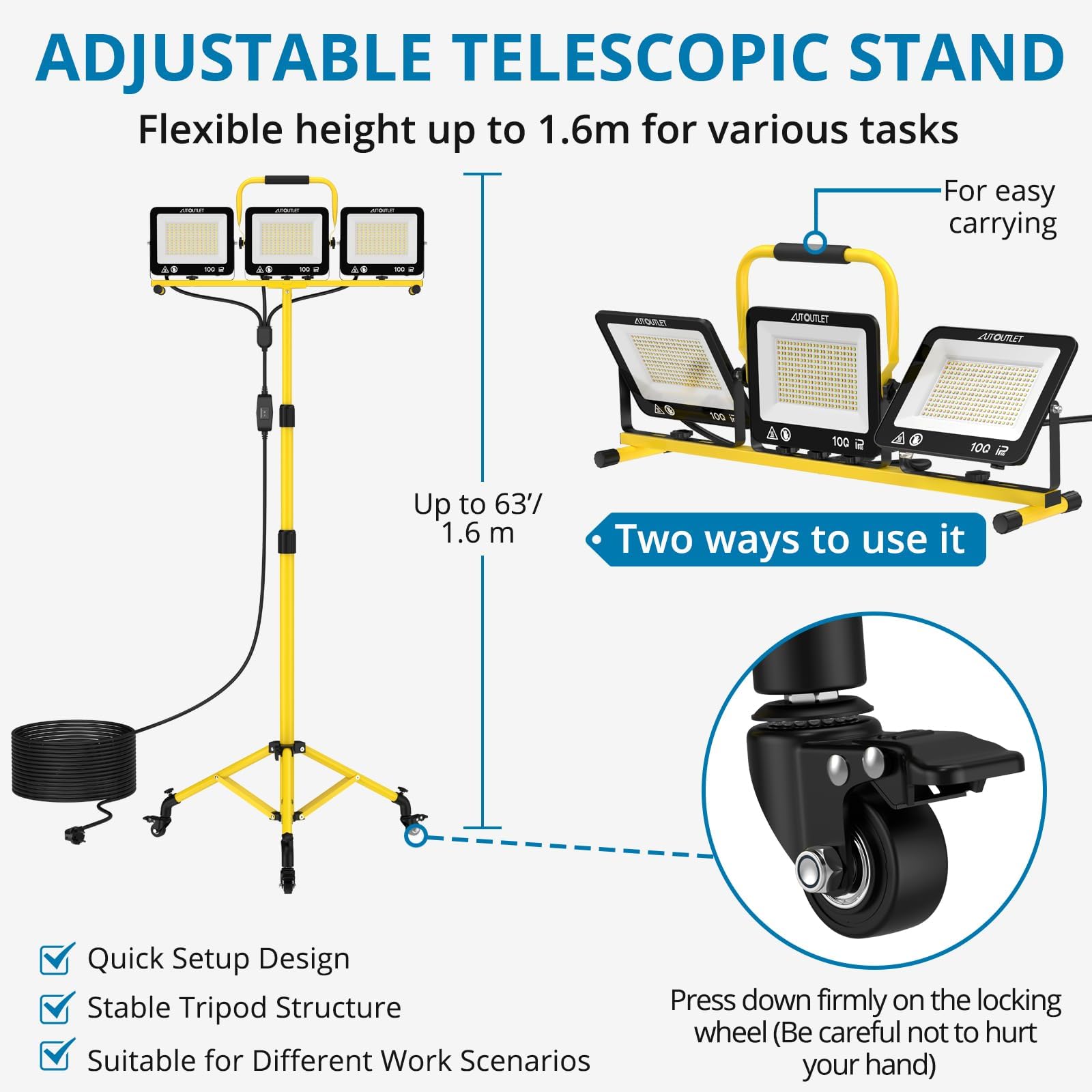AUTOUTLET Reflektor budowlany LED ze statywem i kółkami, 300 W, 27000 lm, 3 temperatury barwowe, statyw z regulacją wysokości, kabel 5 m, wodoszczelność IP66, zdejmowana lampa budowlana do garażu, na