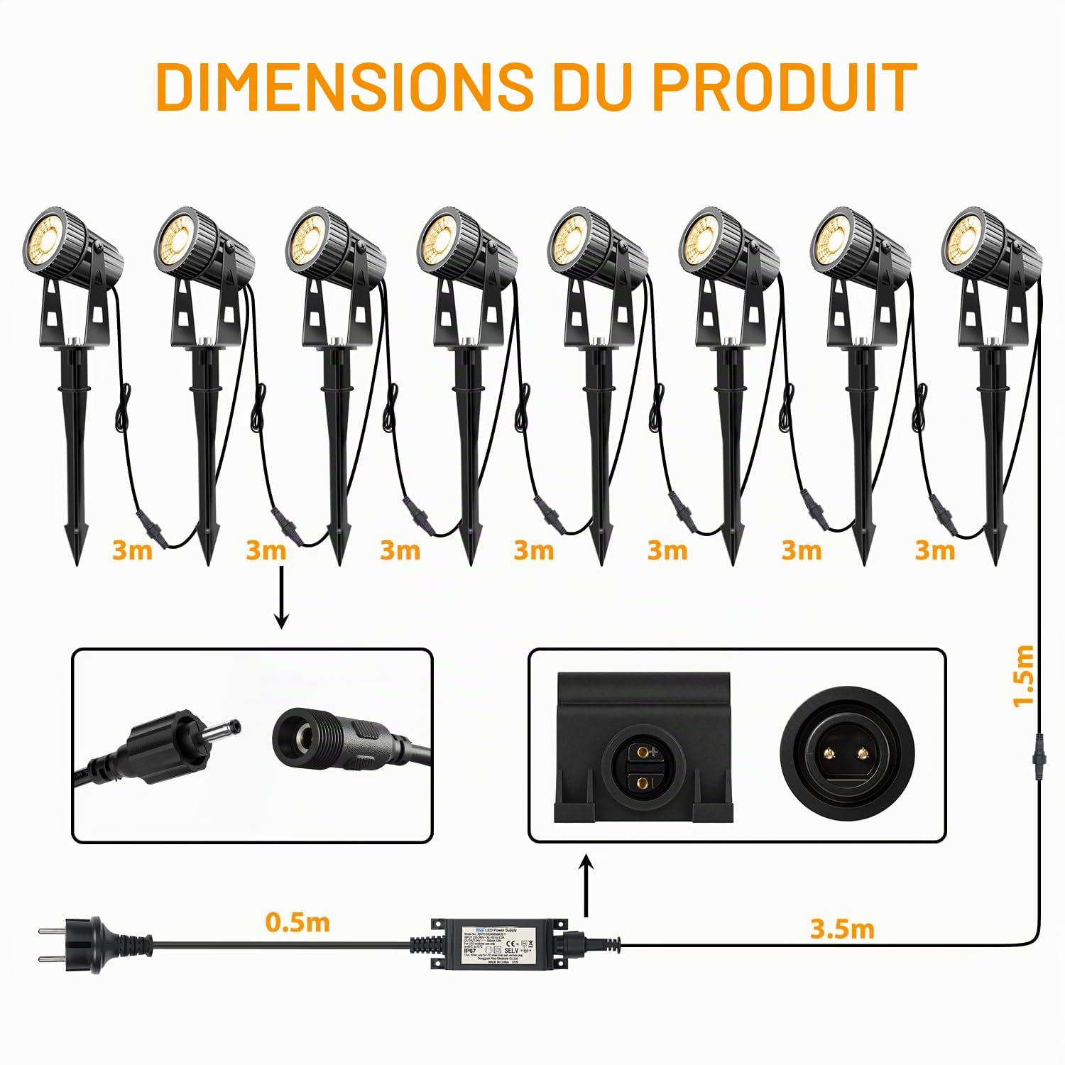 Lam(MS) pen 8 éclairage de jardin LED projecteur de jardin 24V 24W blanc chaud éclairage de LED avec lampe de à piquet de sol pour arbre extérieur, IP65 étanche