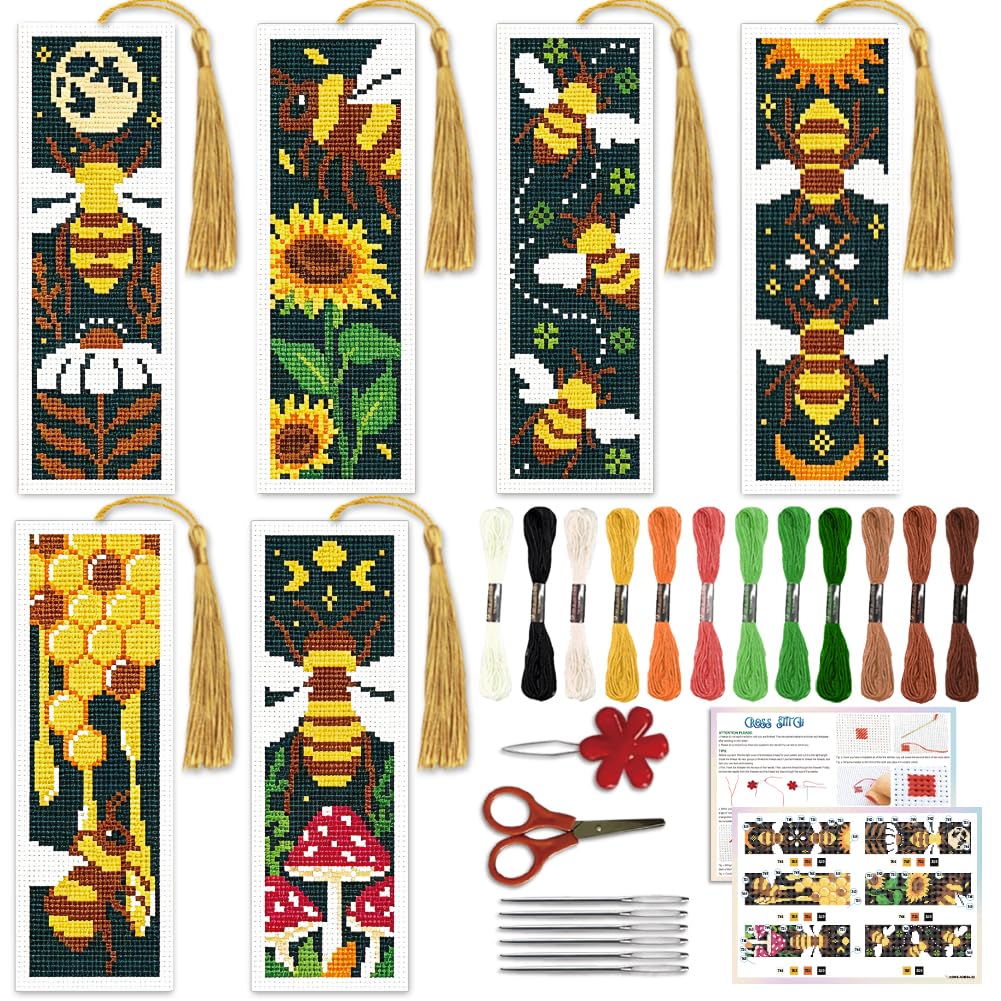 ACRNIGHEET 6PCS Cross Stitch Bookmark Kit for Beginner Stamped Cross Stitch Kits for Adults Retro Bee DIY Tassel Embroidery Bookmark Kits Needlepoint Kit with Instructions Craft Gift 8.5''x3'' 11CT