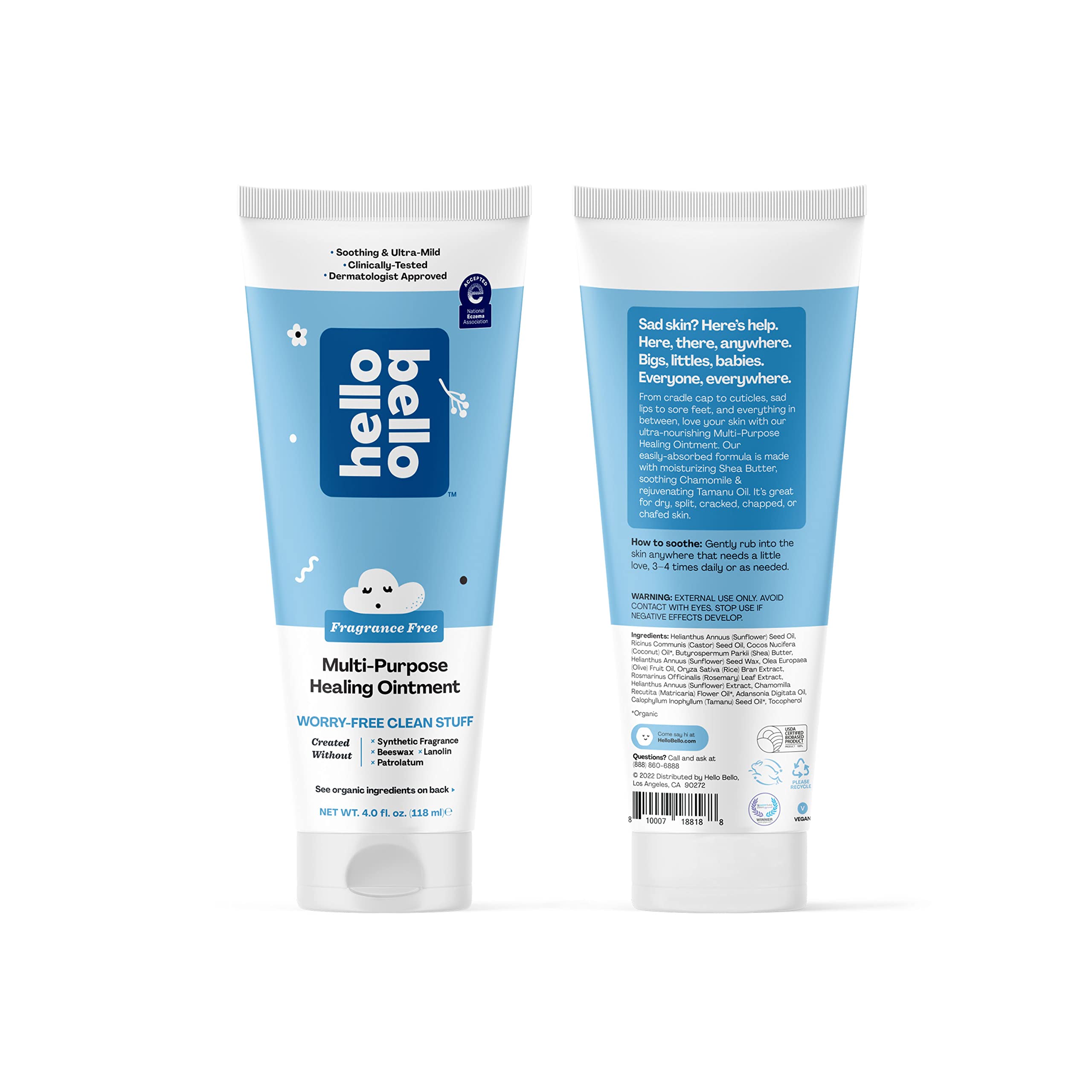 Hello Bello Fragrance Free Everywhere Balm | Dermatologist-Tested, Hypoallergenic, Soothing & Ultra-Mild on Sensitive Skin, Plant-Derived & Certified Organic Ingredients for Babies and Kids | 4 Fl Oz