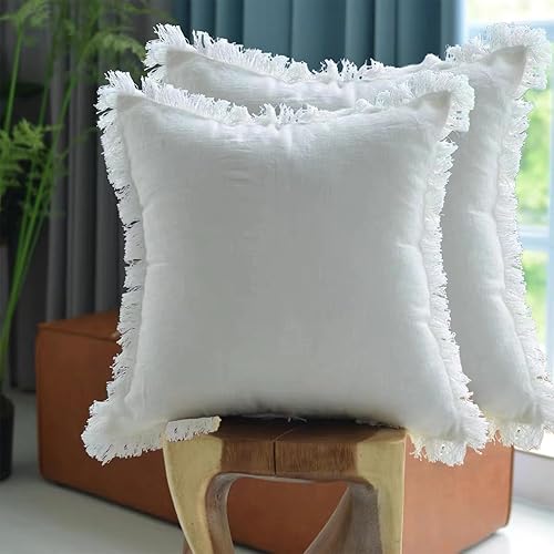 BCGCD Paquete de 2 fundas de cojín de algodón con borlas y flecos, decorativas, rústicas, naturales, para sofá, dormitorio, 20 x 20 pulgadas, color