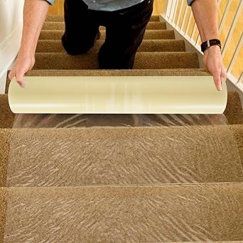 Carpet Protector Film, 36 x 500' Roll Self Adhesive Floor Protector Tape Clean Removal for Moving, Painting and Construction, Temporary Floor Covering to Shield Tile, Hard Surfaces (Clear)