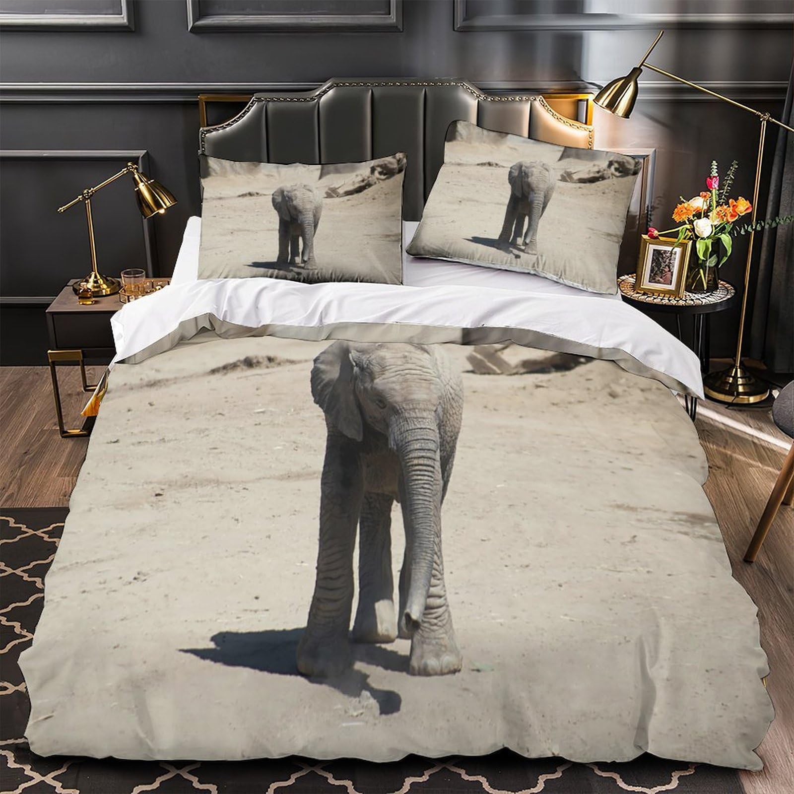 Drap de couette 3 pièces éléphant 3D 260x220 anti-décoloration avec taies d'oreiller