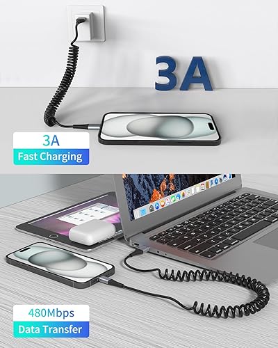 Miniatura 3 de Cable USB C en espiral, paquete de 2 cables USB a USB C en espiral para automóvil, cable retráctil USB C corto para iPhone 15 Pro Max, Samsung