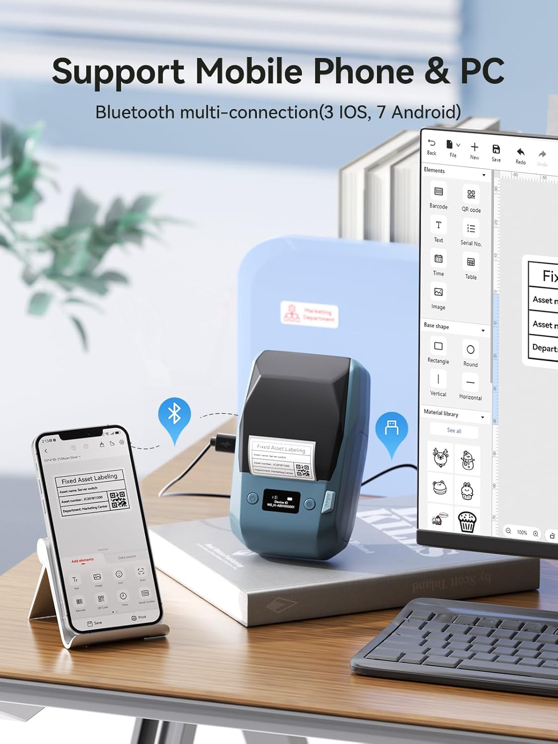 NIIMBOT M2 connected to a mobile phone and a PC, demonstrating multi-device support.