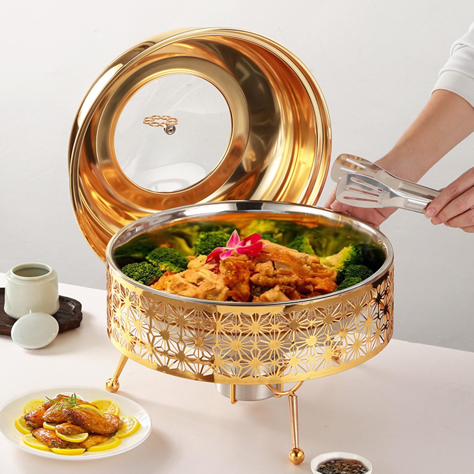 Chafing Dishes pour Buffet, Ensemble De 8 L en Acier Inoxydable, Chauffe-Plats Ronds pour Buffet, Idéal pour Les Fêtes, Les Réceptions, Les Banquets Et Les Mariages (Doré)