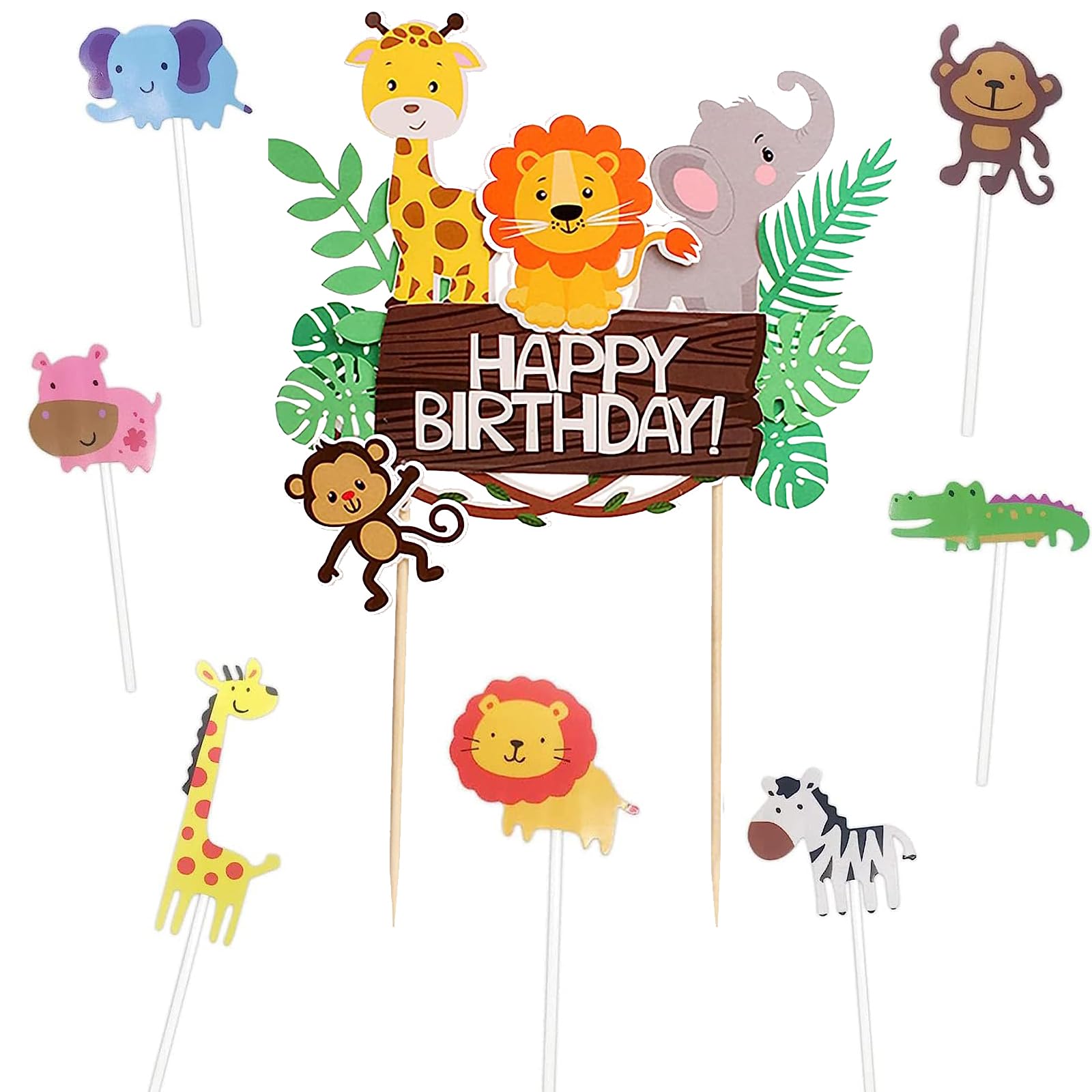 Safari Cake Toppers, 8 Animal Cake Toppers, Happy Birthday Cake Decoration Wild Forest Theme, Happy Birthday Toppers Cupcake Decoration for DIY Dessert Cake Decoration Supplies