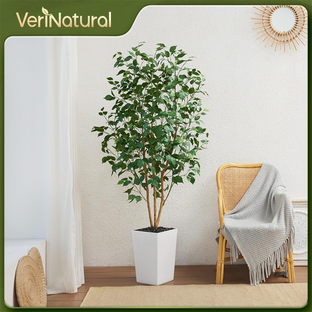 6ft Artificial Ficus Tree-Tall Faux Tree with Pebbles & Planter UV Resistant Potted Fake Plant with Silk Leaves & Real Wood Trunk-Indoor Outdoor Floor Plant for Home,Living Room,VN129 - Image 7
