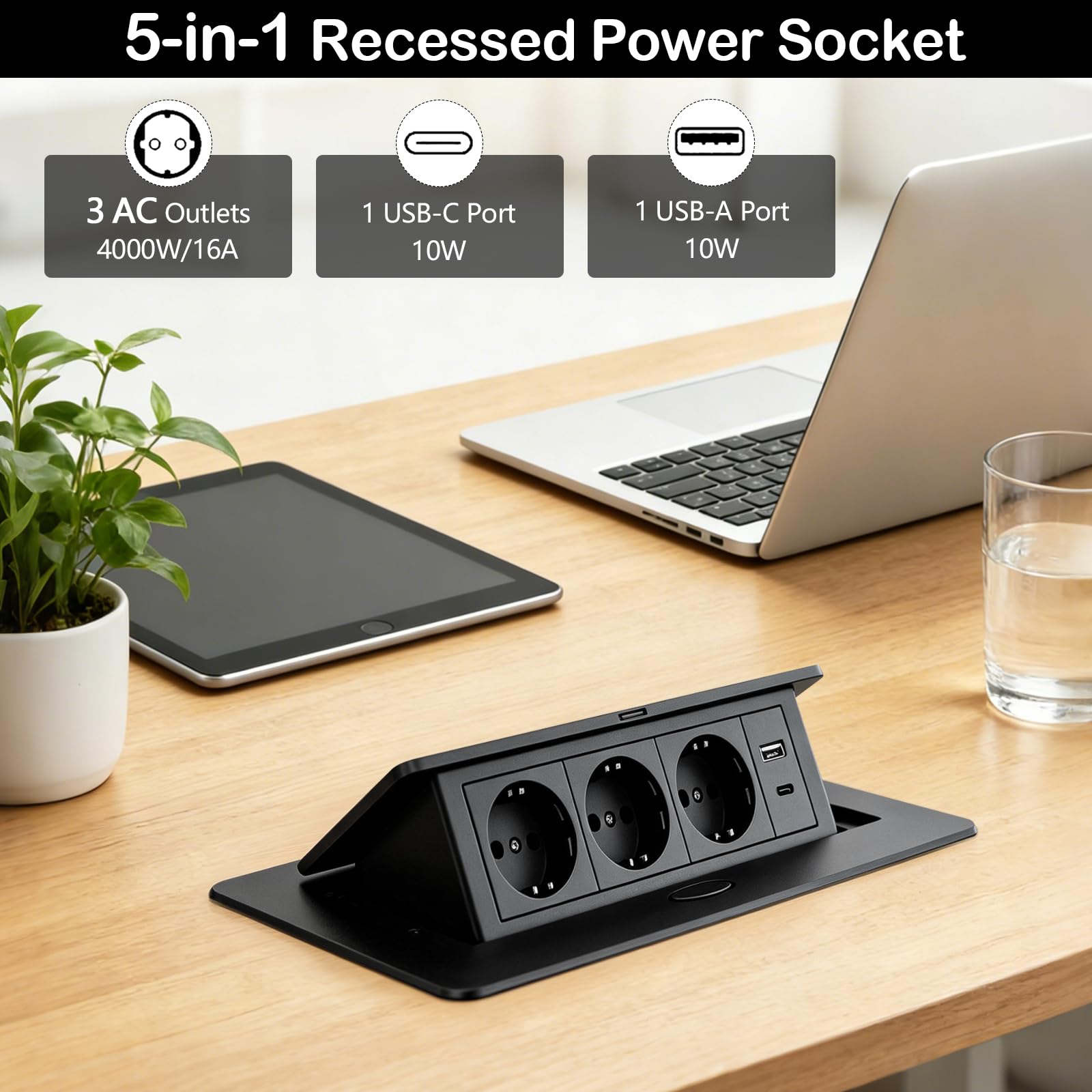 Aluminium Enchufe de Mesa Empotrable, Salida de Enchufe Retráctil con 3 Enchufes, Puertos USB y Tipo C, 4000W/16A Regleta Retráctil para Cocina, Escritorio y Oficina, Cable de 1,8M