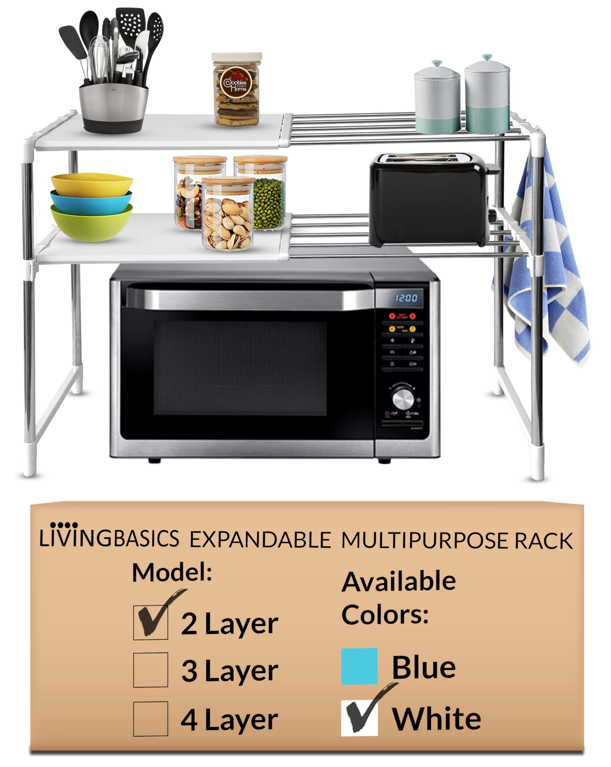 LIVINGBASICS 2 Layer Stainless Steel Multipurpose Expandable/Adjustable Shelf Stand for Wardrobe Organizer for Clothes/Kitchen Storage/Over The Microwave/OTG/Shoes Rack/Office (Snow White) (B0865Y28RV) Amazon Price History, Amazon Price Tracker
