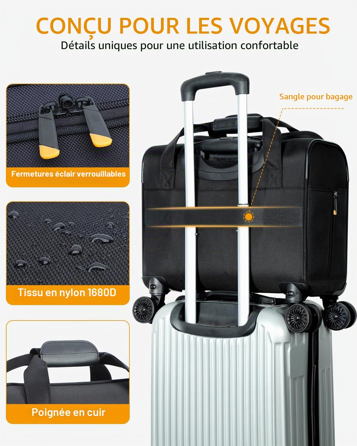 Ponhog Sac à Roulette pour Ordinateur Portable - Mallette à roulettes avec 4 Roues pivotantes - 13" en Nylon 1680D résistant à l'eau - pour Homme et Femme - pour Le Travail, Les Voyages, Noir