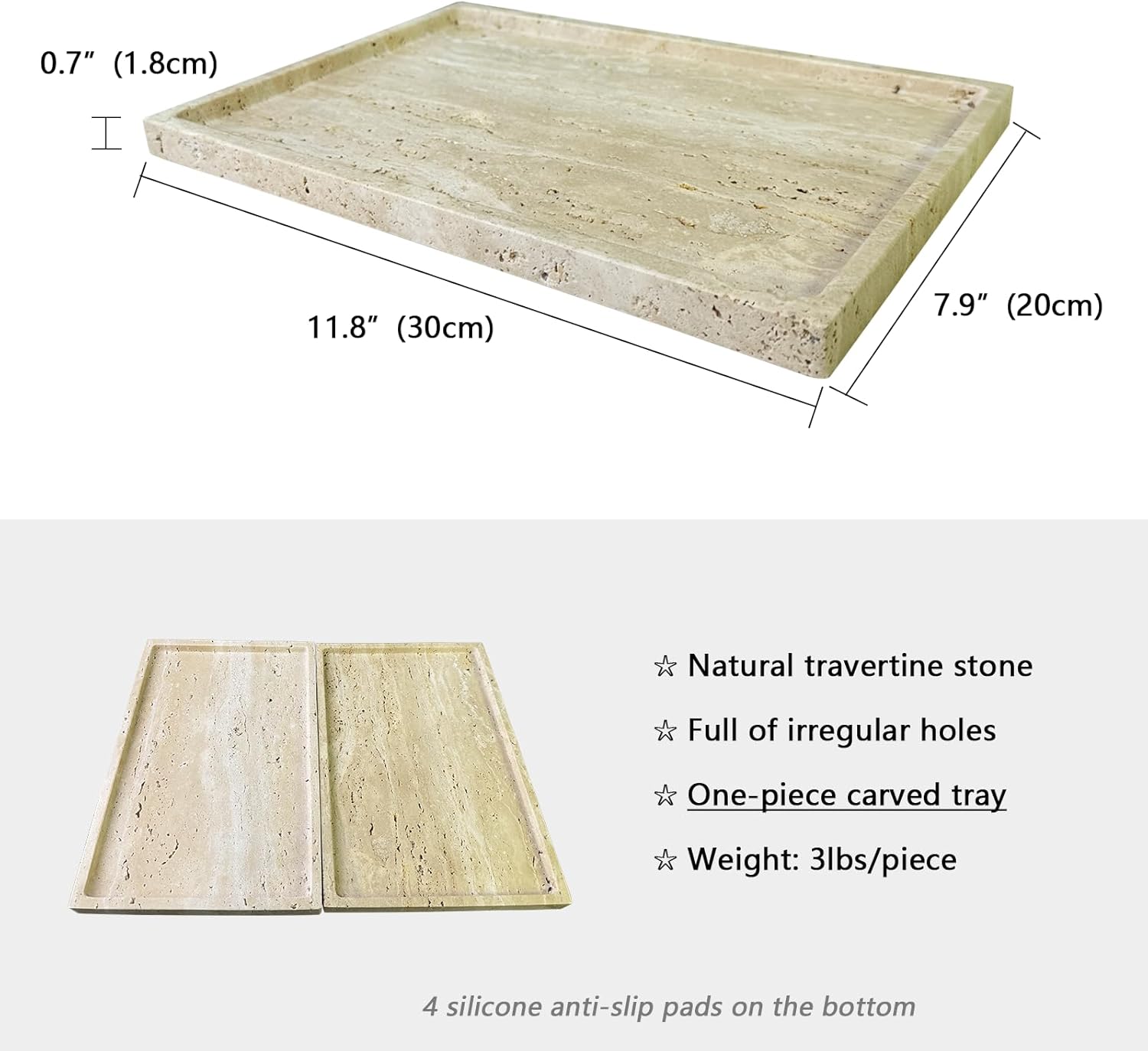 Real Natural Travertine Tray Genuine Marble Stone Tray for Coffee Table/Bathroom/Vanity (Beige Travertine, 12" x 8")